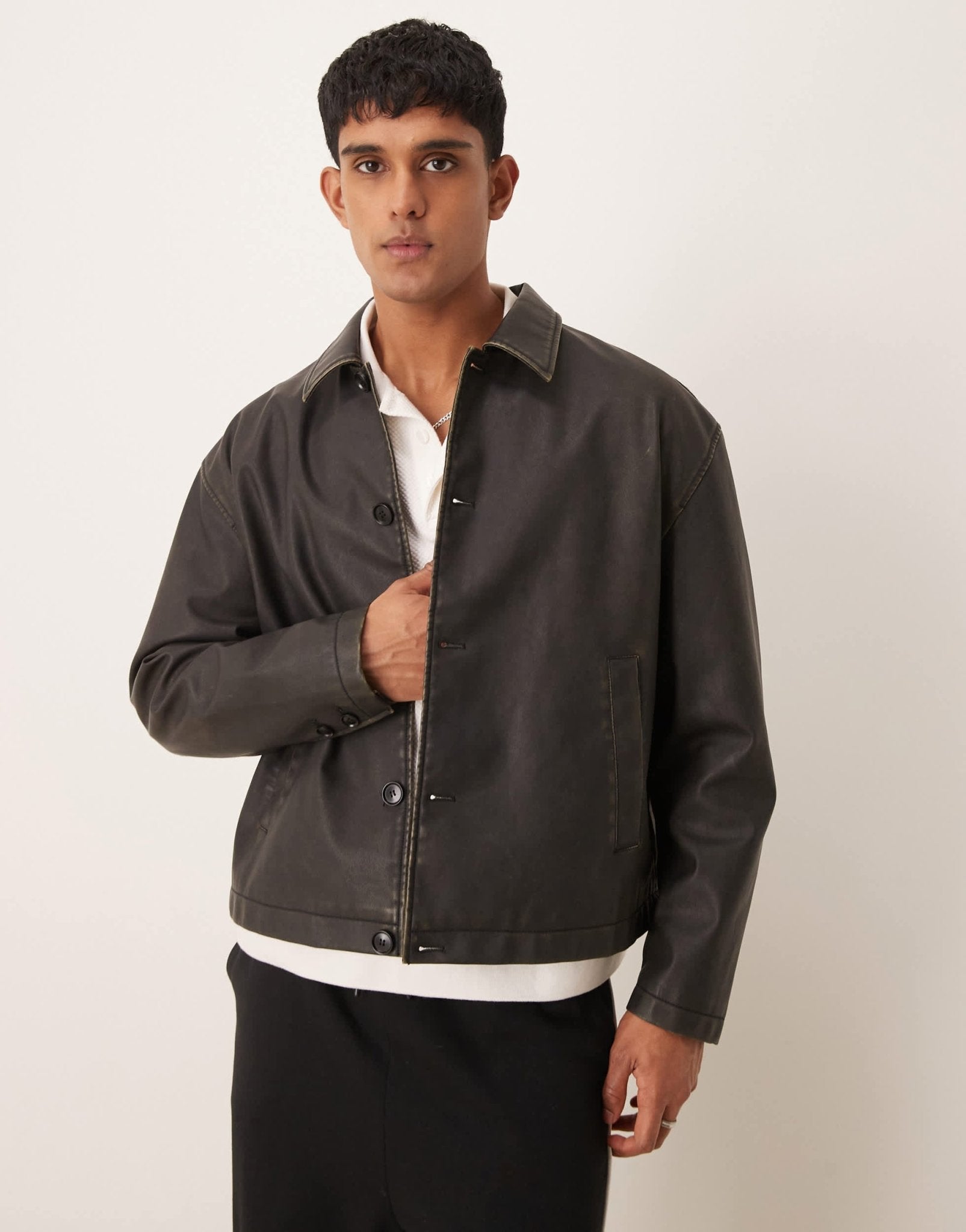 ASOS DESIGN faux leather boxy harrington jacket in washed brown - ASOS Sample Sale