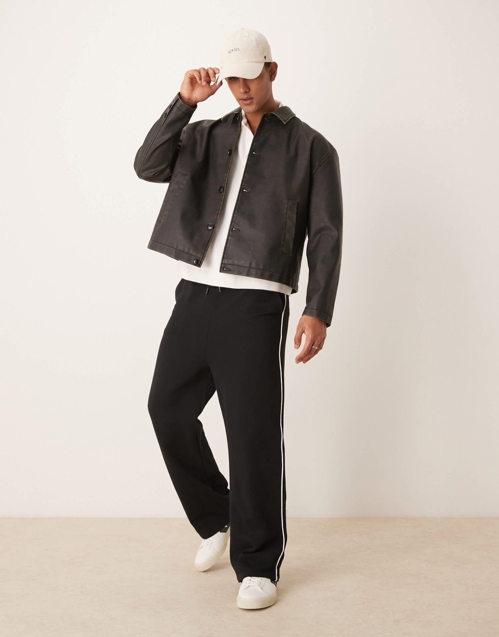 ASOS DESIGN faux leather boxy harrington jacket in washed brown - ASOS Sample Sale