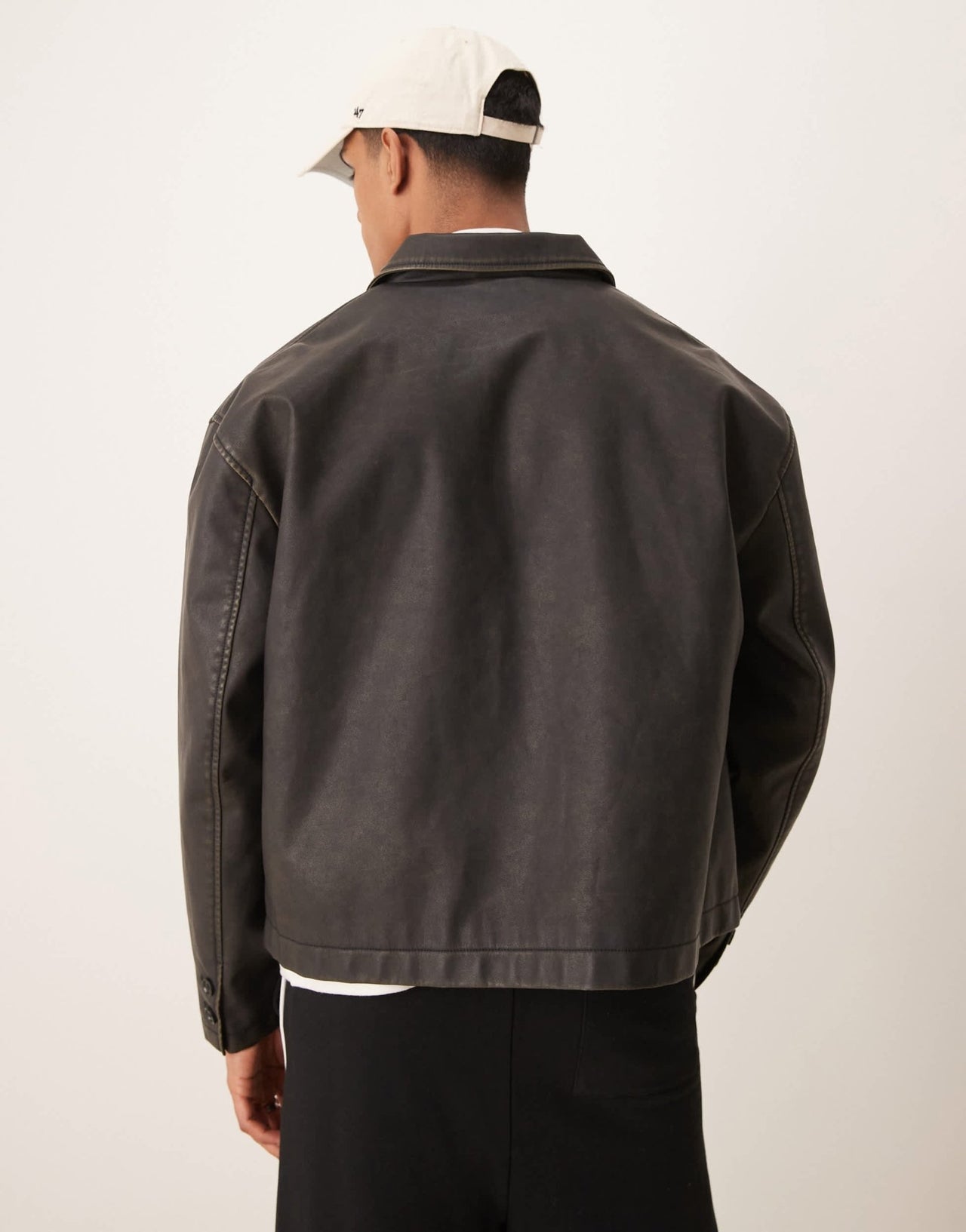 ASOS DESIGN faux leather boxy harrington jacket in washed brown - ASOS Sample Sale