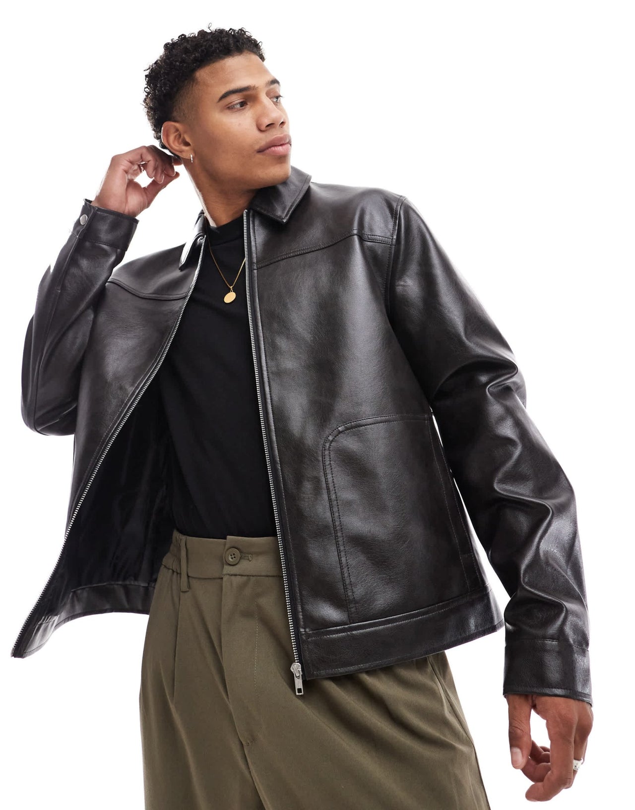 ASOS DESIGN faux leather harrington jacket in washed black - ASOS Sample Sale