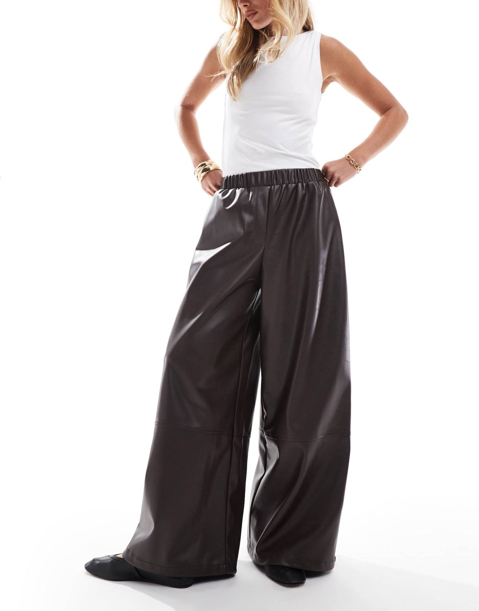 ASOS DESIGN faux leather oversized volume trousers in chocolate - ASOS Sample Sale