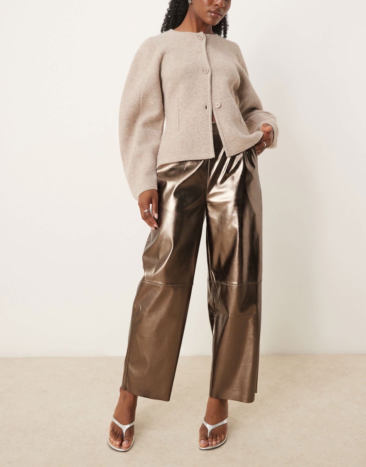 ASOS DESIGN faux leather pull on barrel trousers in brass - ASOS Sample Sale