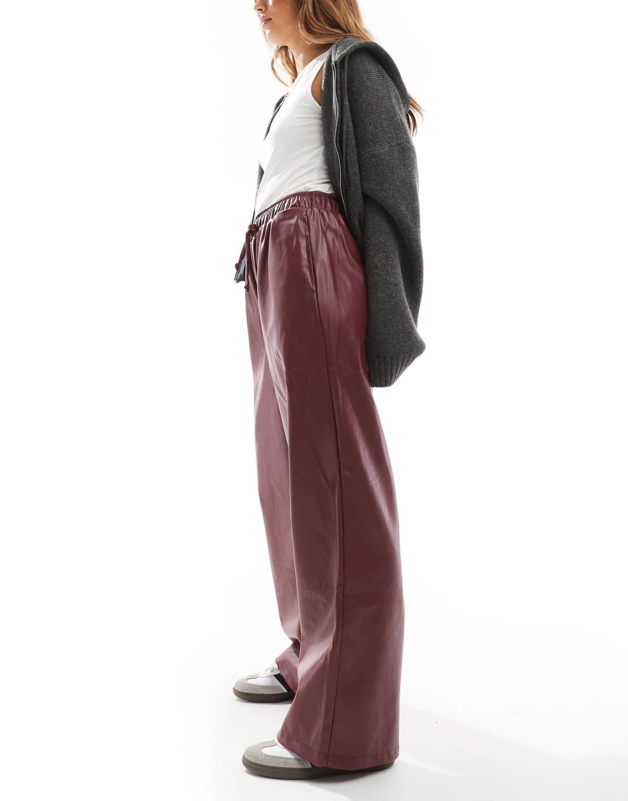 ASOS DESIGN faux leather wide leg pull on trousers in burgundy - ASOS Sample Sale