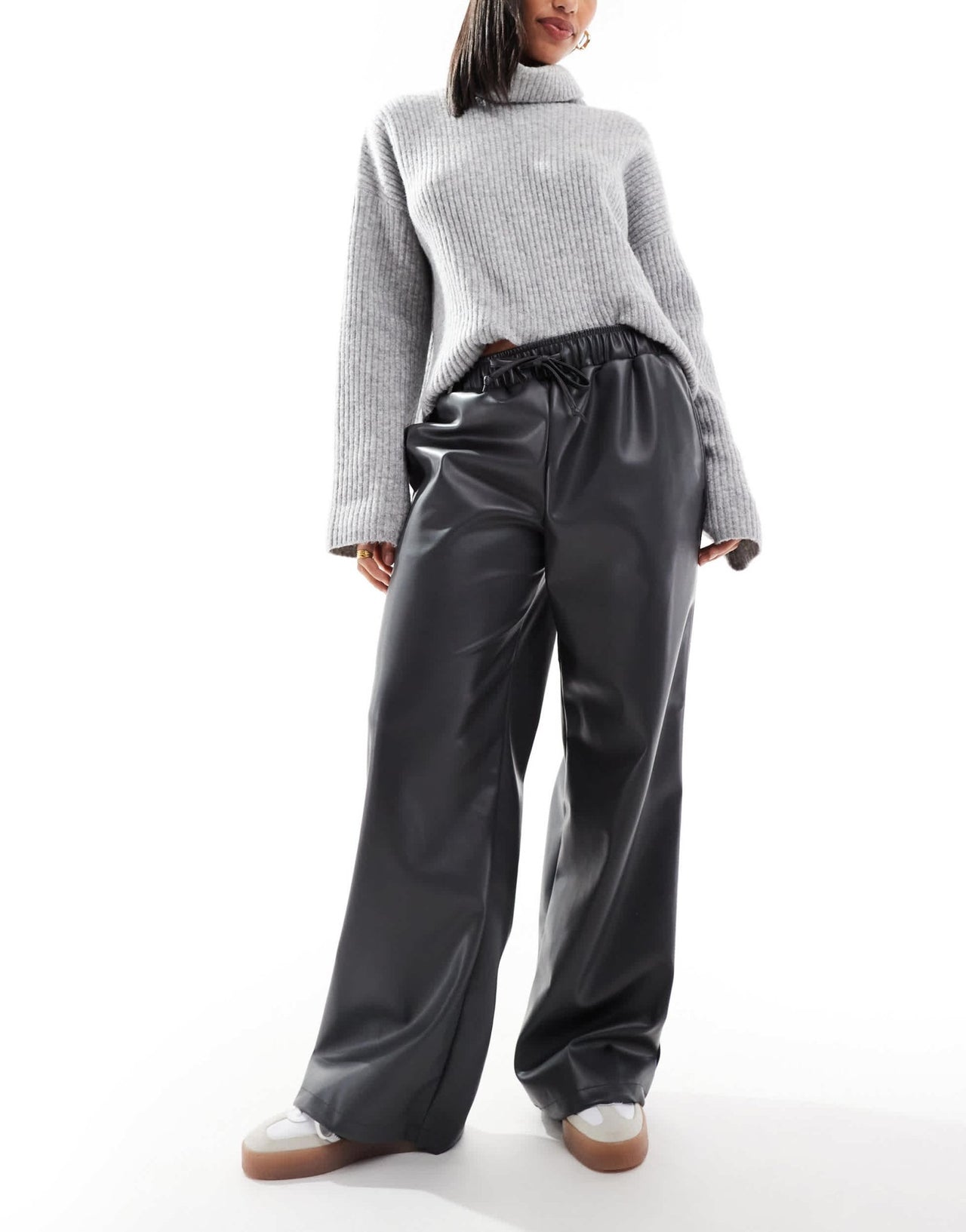 ASOS DESIGN faux leather wide leg pull on trousers in charcoal - ASOS Sample Sale