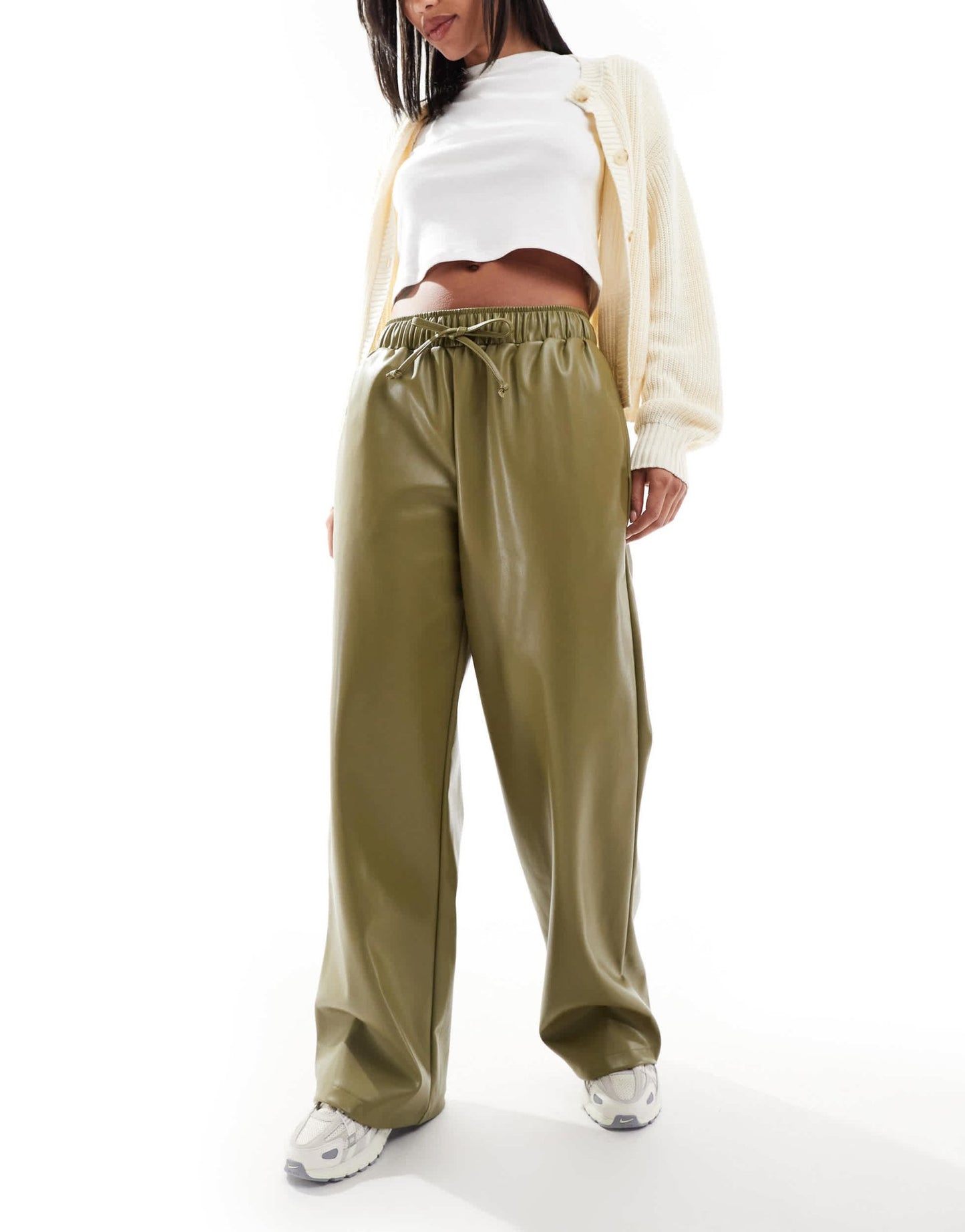 ASOS DESIGN faux leather wide leg pull on trousers in olive - ASOS Sample Sale