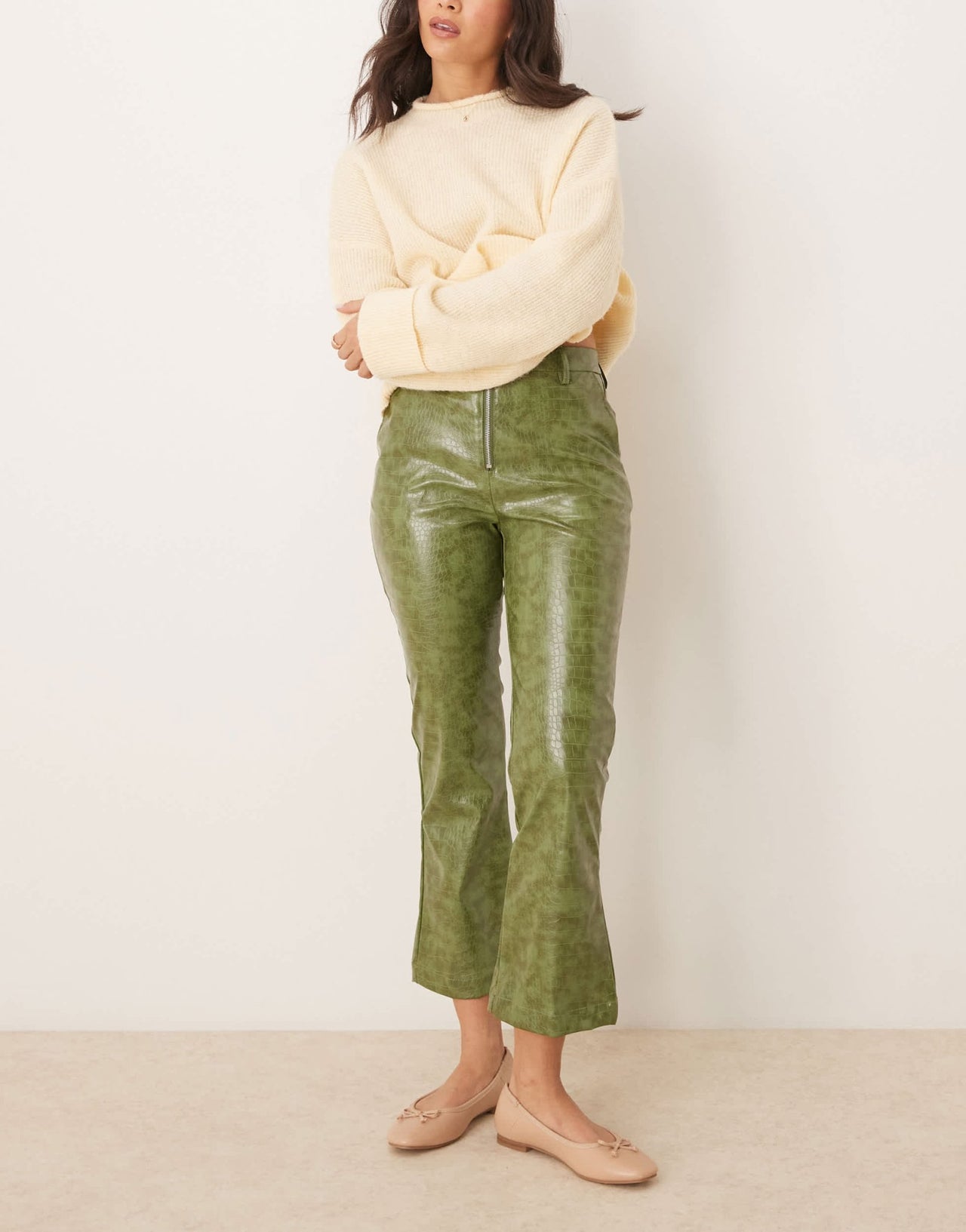 ASOS DESIGN faux leather zip front ankle grazer trouser in green croc - ASOS Sample Sale