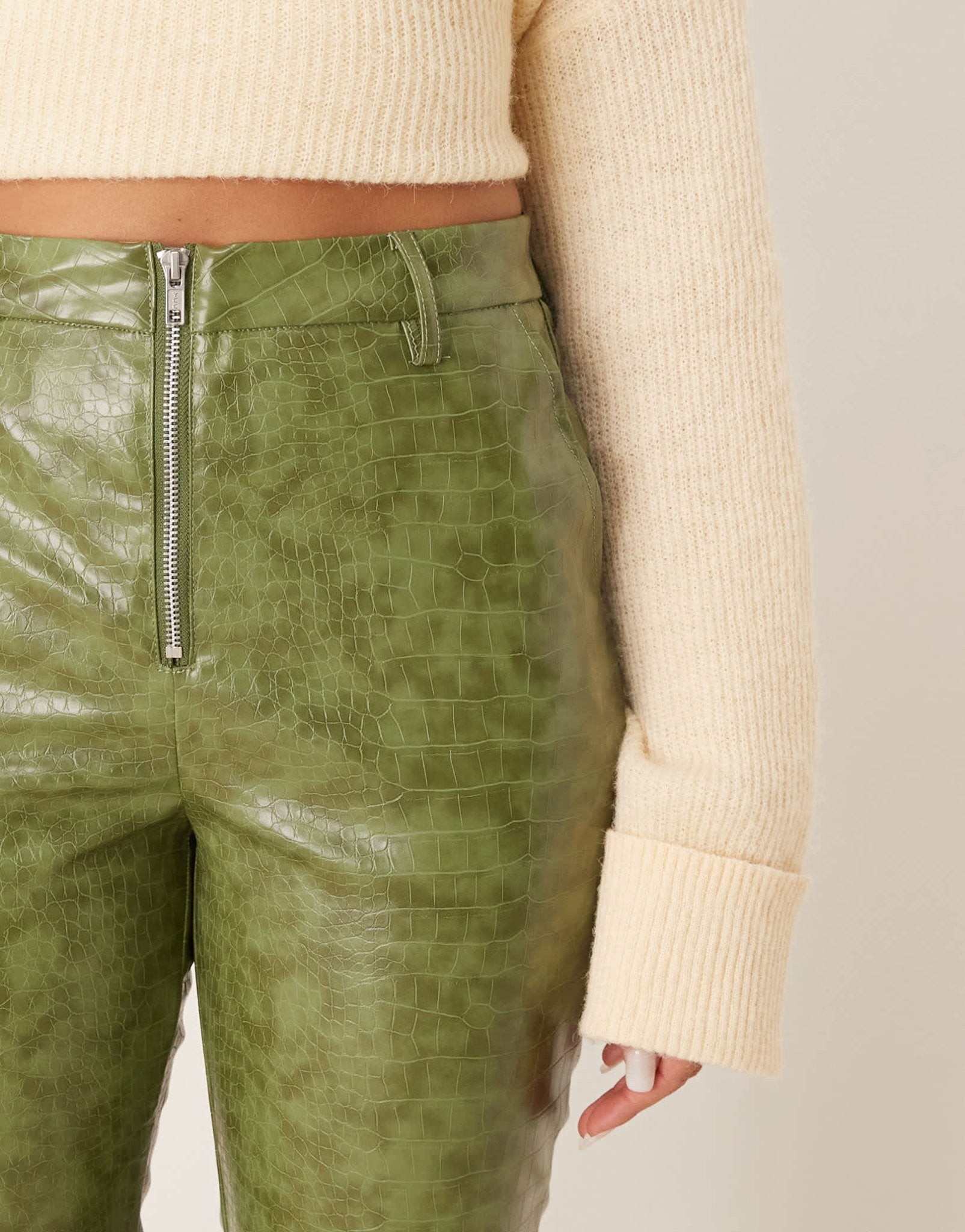 ASOS DESIGN faux leather zip front ankle grazer trouser in green croc - ASOS Sample Sale