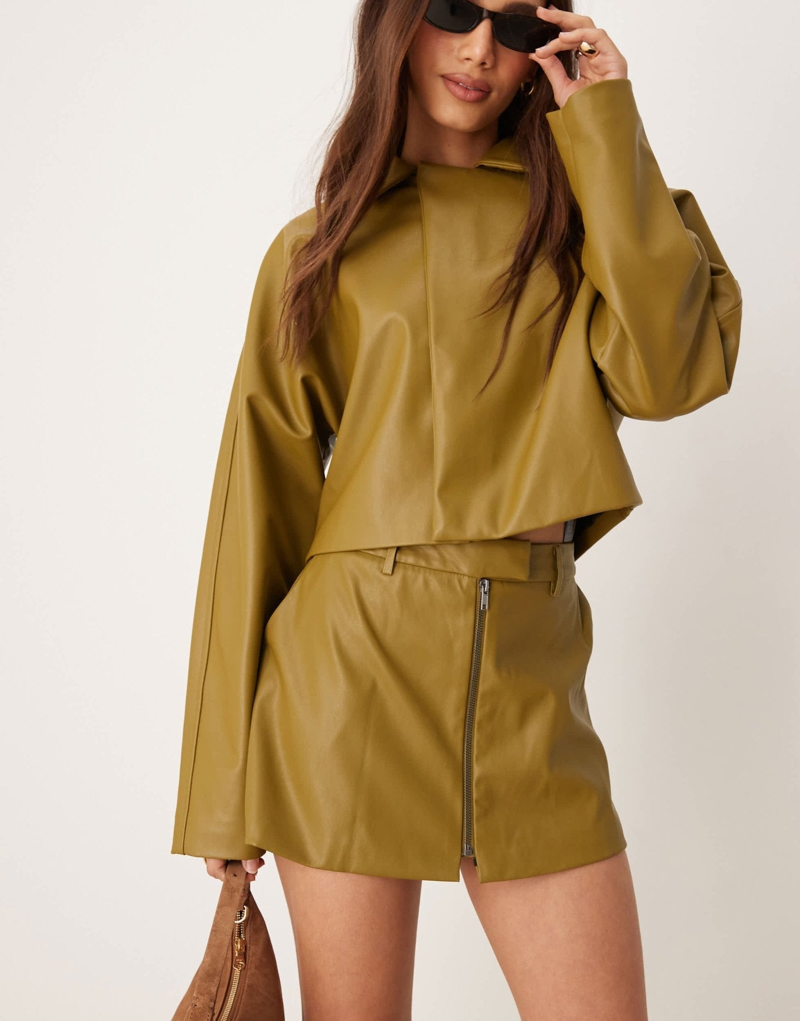 ASOS DESIGN faux leather zip through tailored micro skirt co - ord in olive - ASOS Sample Sale
