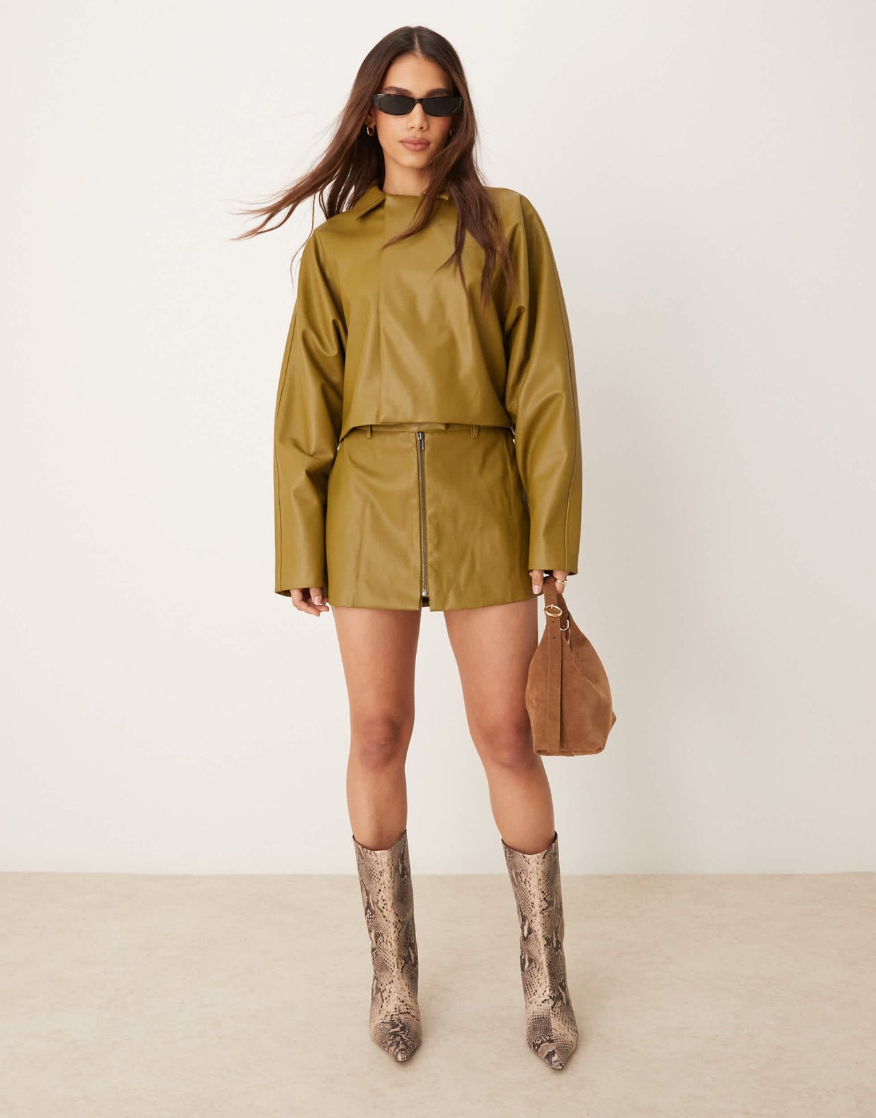 ASOS DESIGN faux leather zip through tailored micro skirt co - ord in olive - ASOS Sample Sale