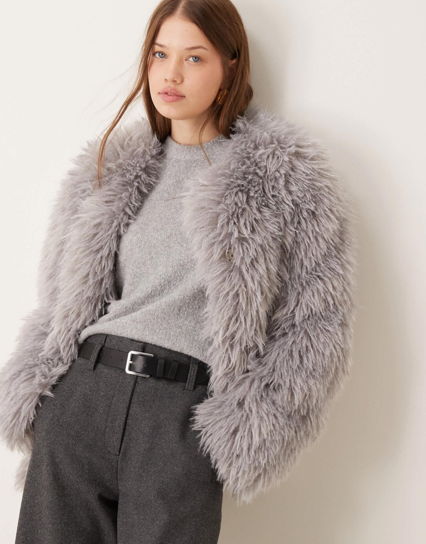 ASOS DESIGN faux mongolian fur jacket in grey - ASOS Sample Sale