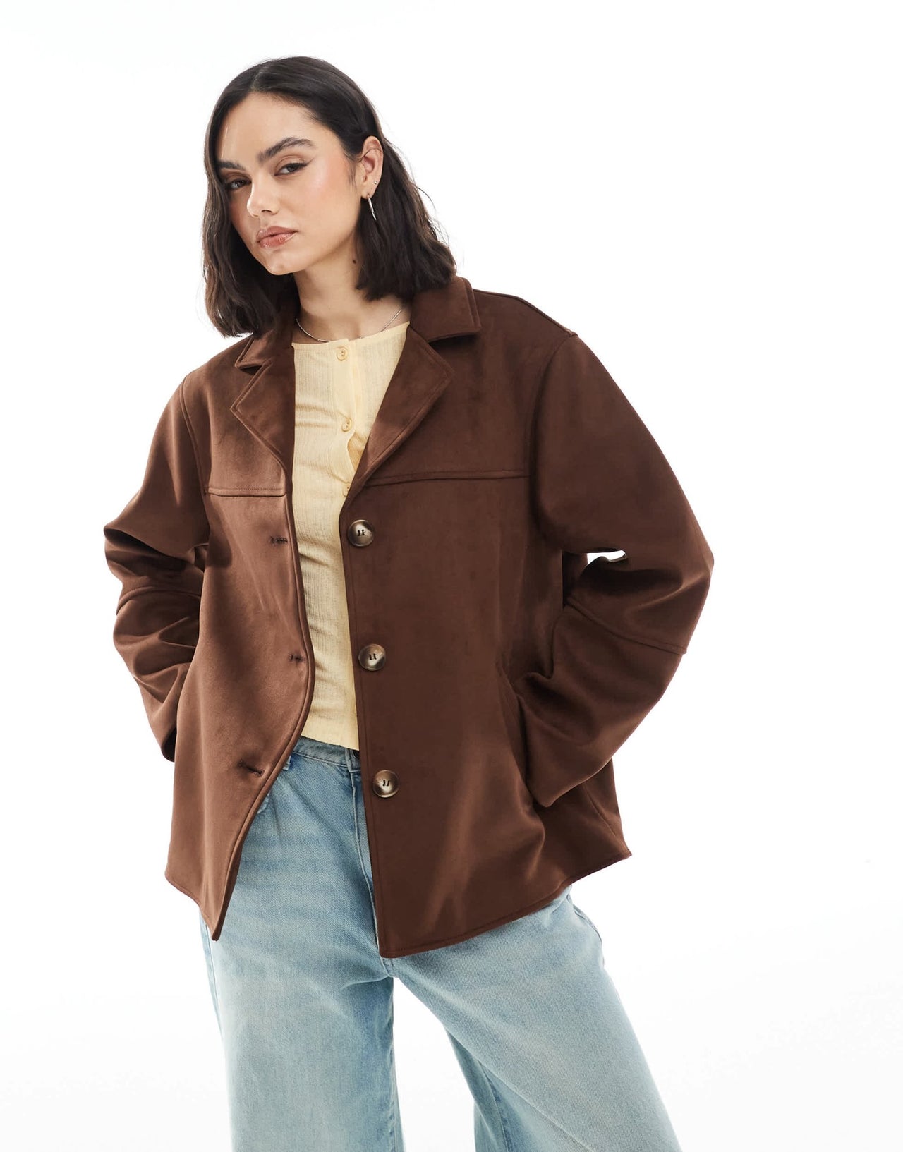 ASOS DESIGN faux suede button front jacket in mocha - ASOS Sample Sale