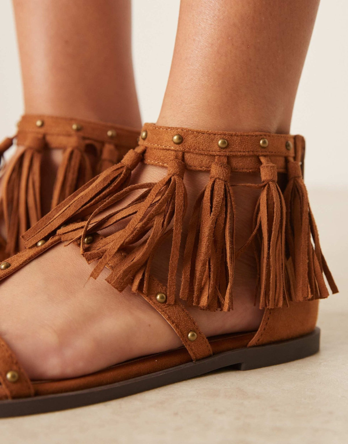 ASOS DESIGN Feather studded fringe flat sandals in tan - ASOS Sample Sale