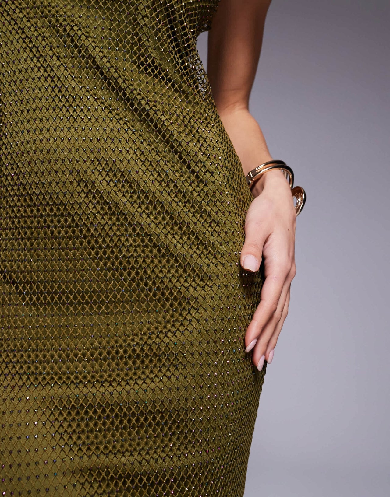 ASOS DESIGN fishnet hotfix asymmetric cowl maxi dress in olive green - ASOS Sample Sale