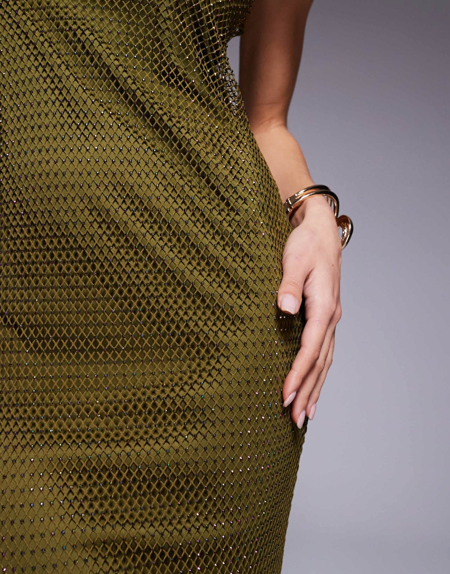 ASOS DESIGN fishnet hotfix asymmetric cowl maxi dress in olive green - ASOS Sample Sale