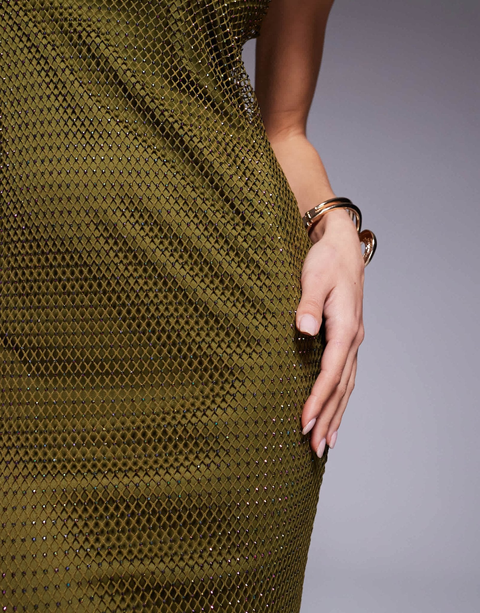 ASOS DESIGN fishnet hotfix asymmetric cowl maxi dress in olive green - ASOS Sample Sale