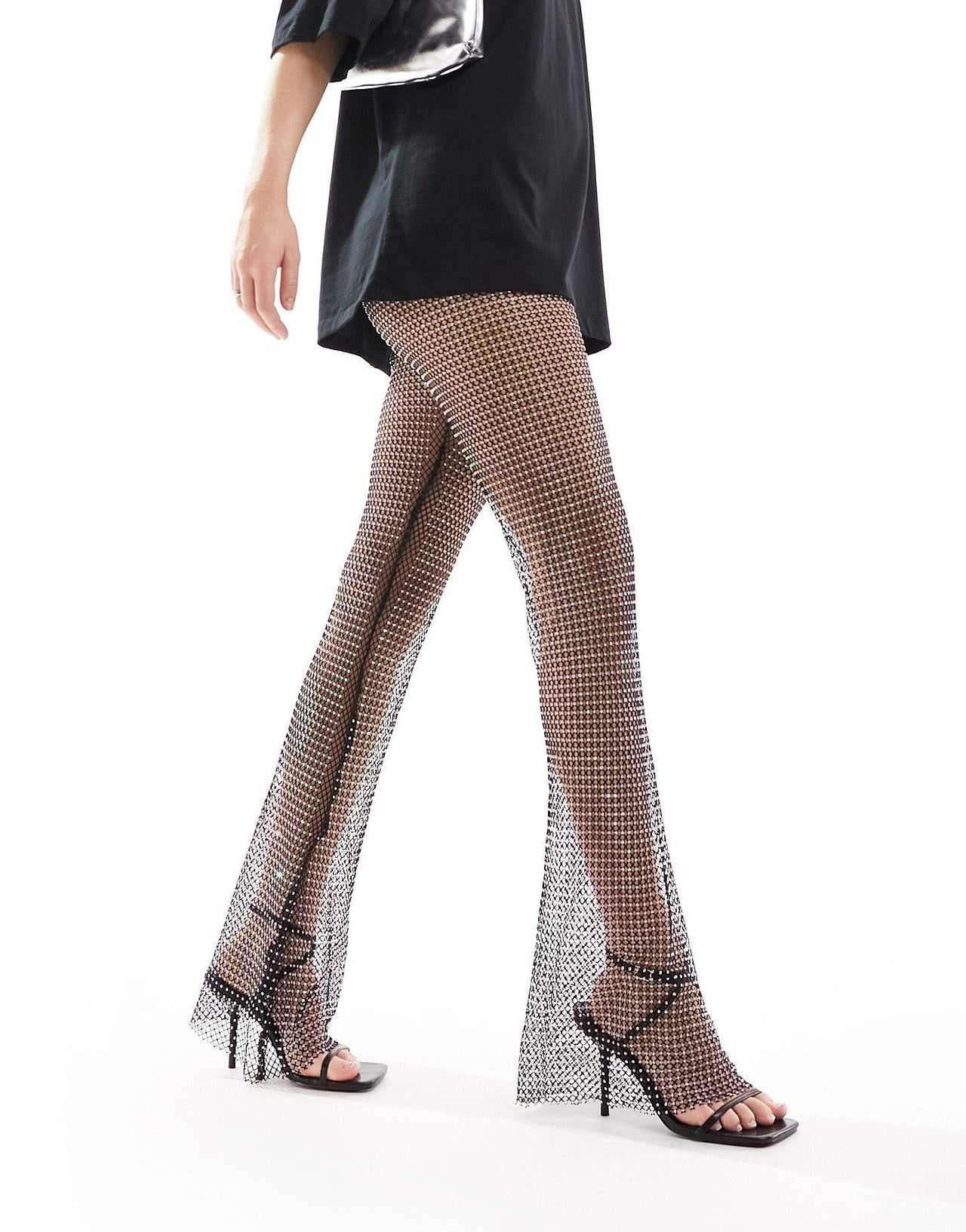 ASOS DESIGN fishnet hotfix flare trousers in black - ASOS Sample Sale