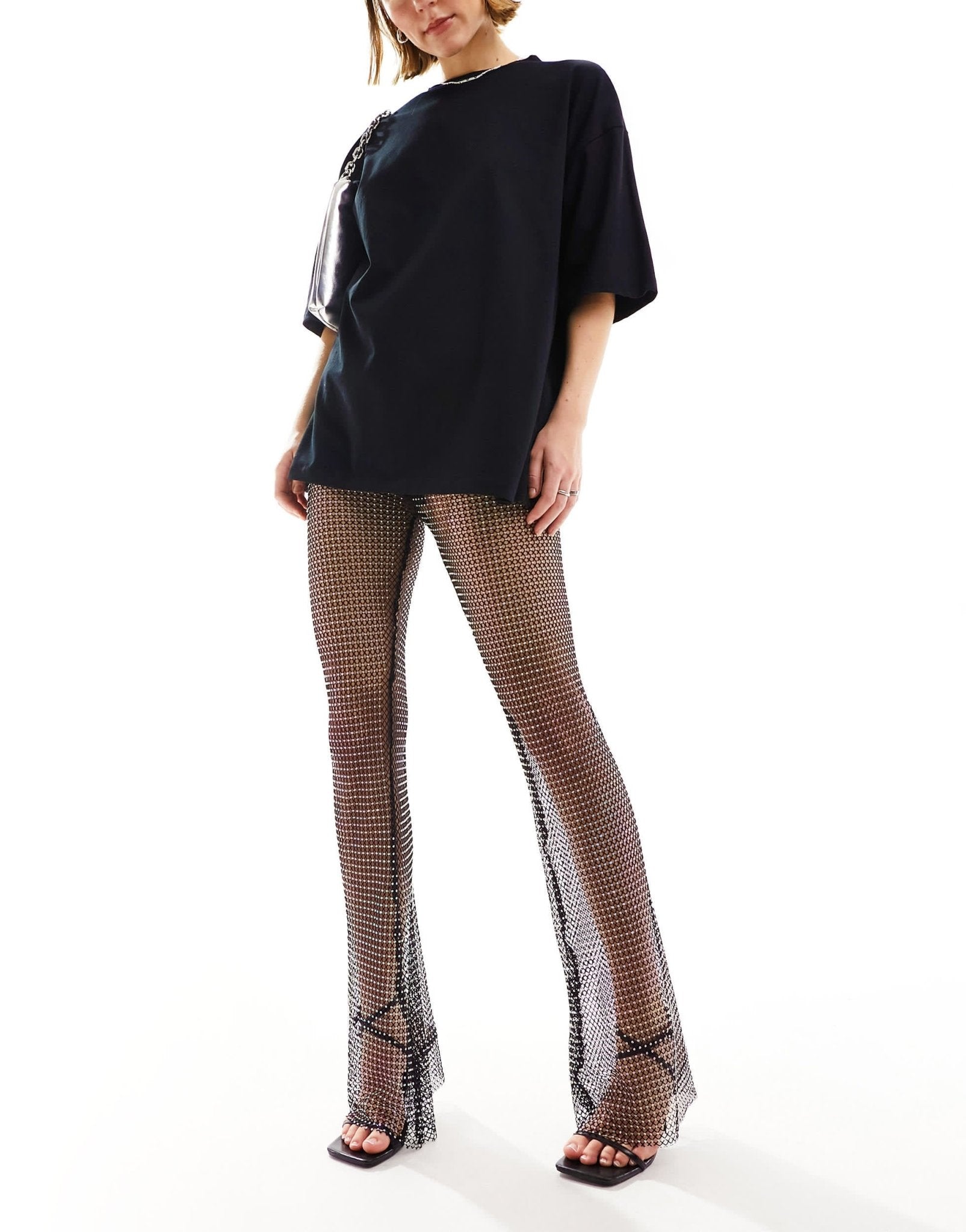 ASOS DESIGN fishnet hotfix flare trousers in black - ASOS Sample Sale