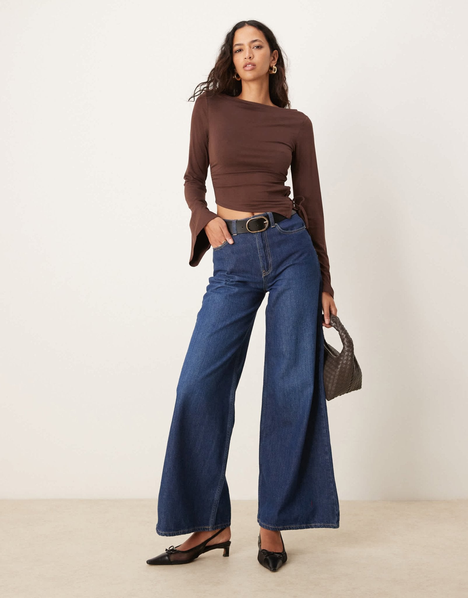 ASOS DESIGN flared long sleeve asymmetric top with side tie detail in chocolate - ASOS Sample Sale