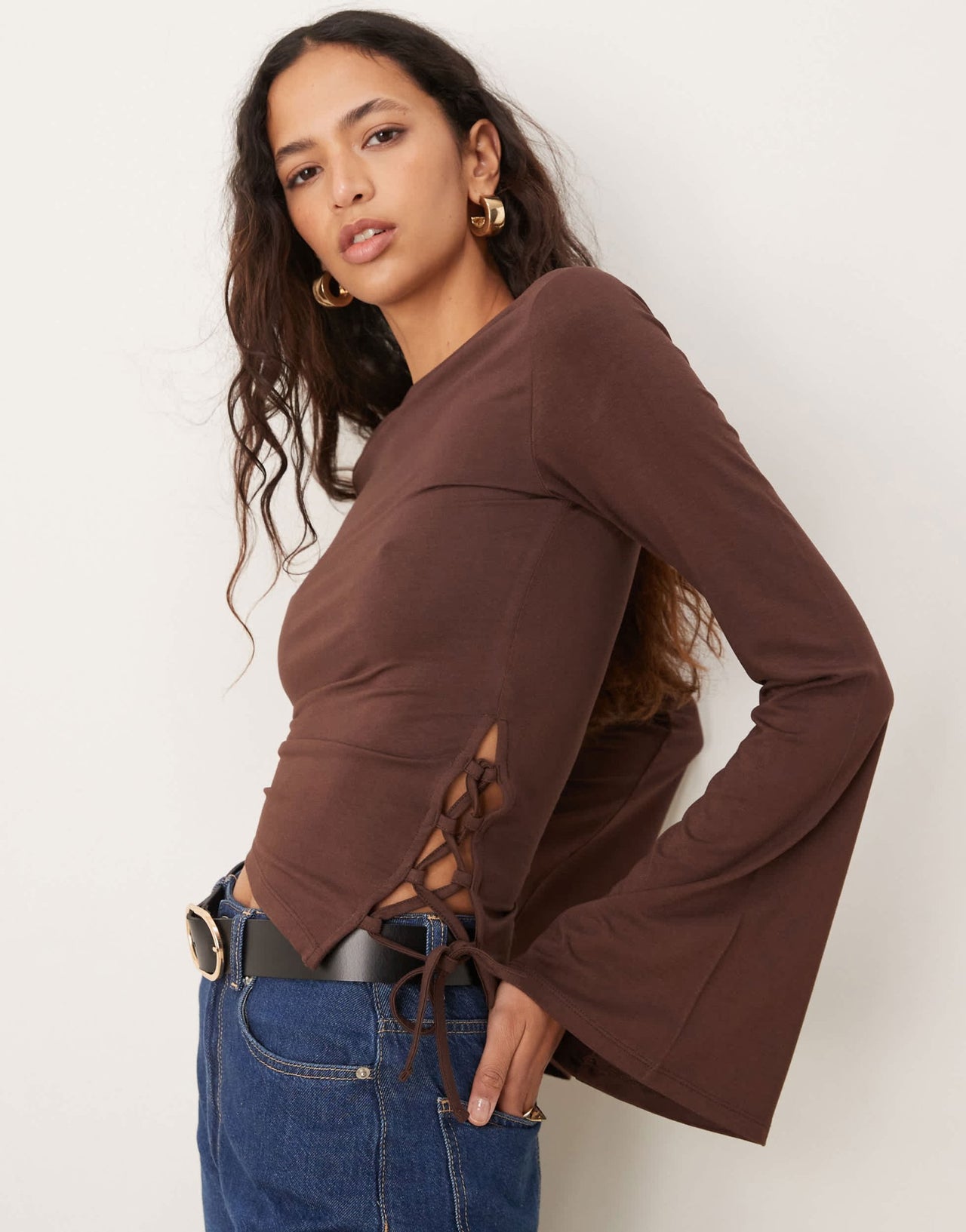 ASOS DESIGN flared long sleeve asymmetric top with side tie detail in chocolate - ASOS Sample Sale