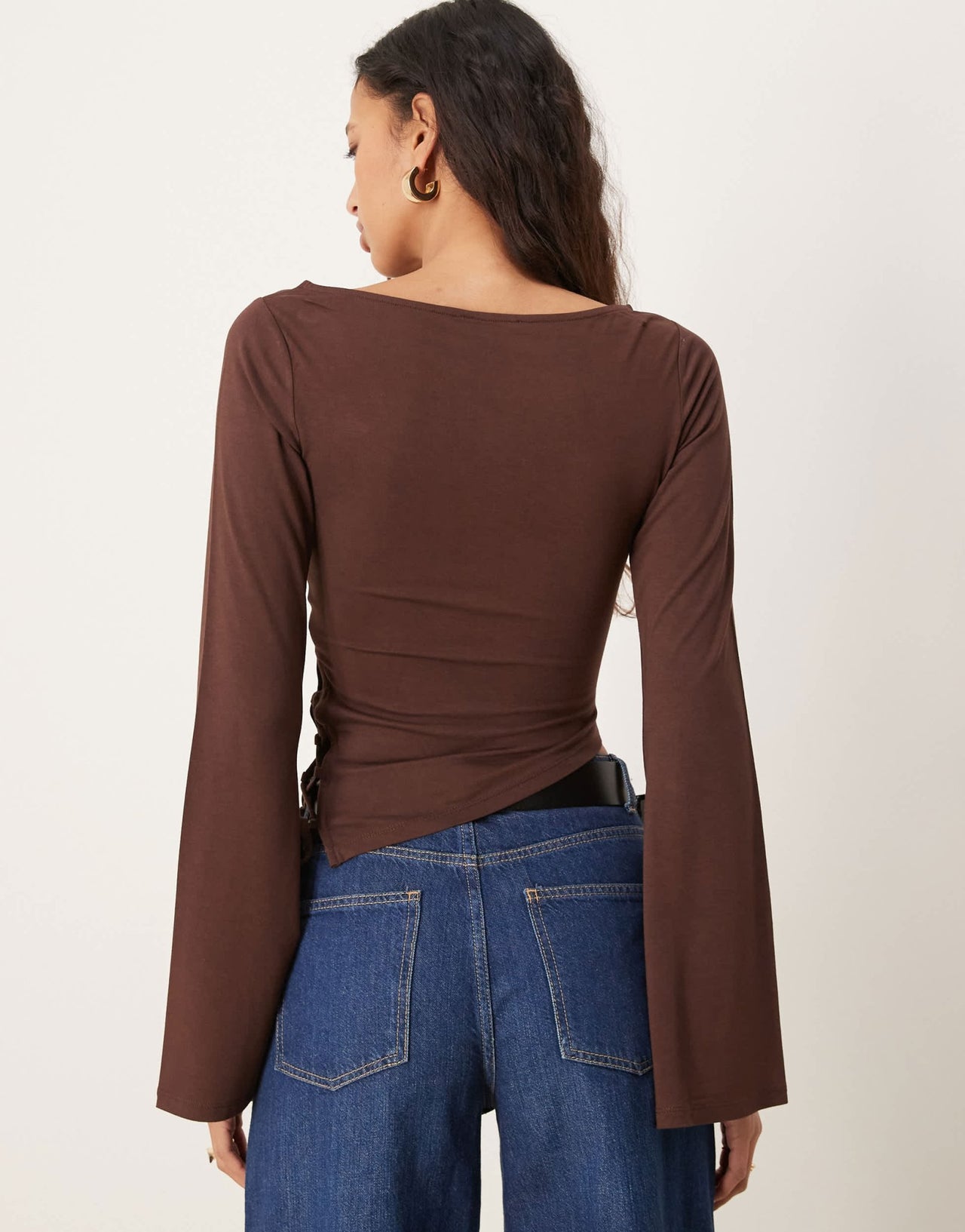 ASOS DESIGN flared long sleeve asymmetric top with side tie detail in chocolate - ASOS Sample Sale