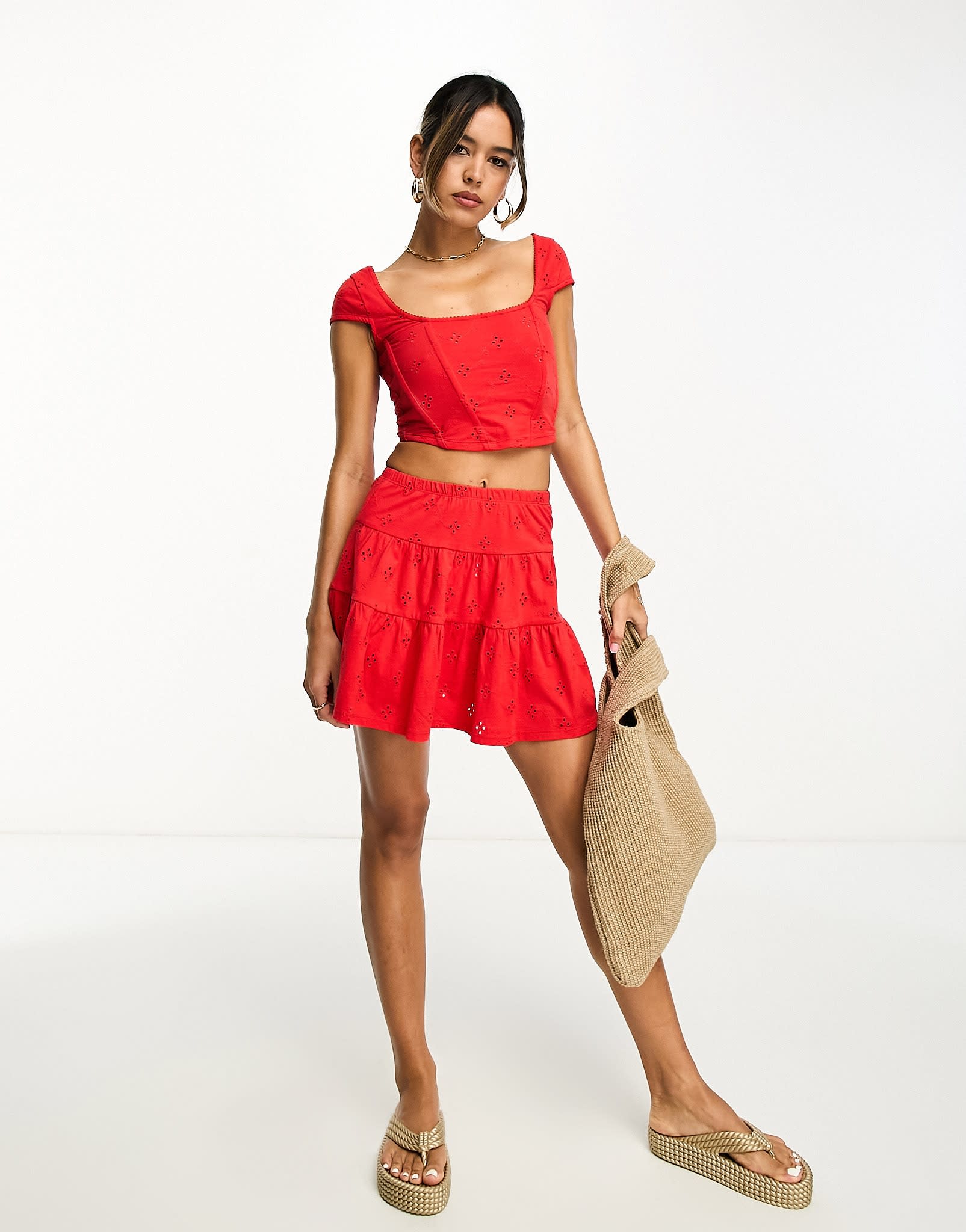 ASOS DESIGN flippy broderie mini skirt in red - ASOS Sample Sale