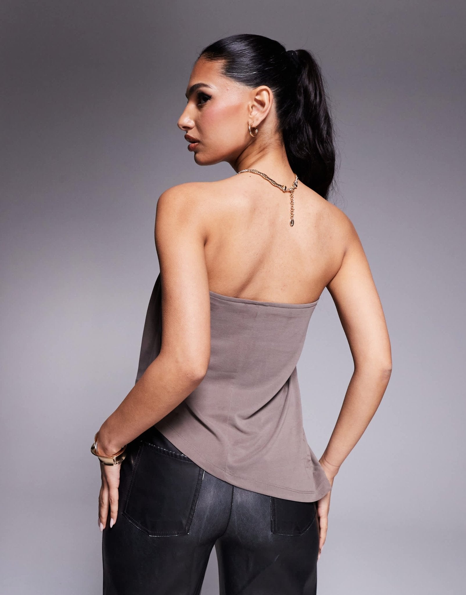 ASOS DESIGN floaty asymmetric cupro bandeau longline top in brown - ASOS Sample Sale