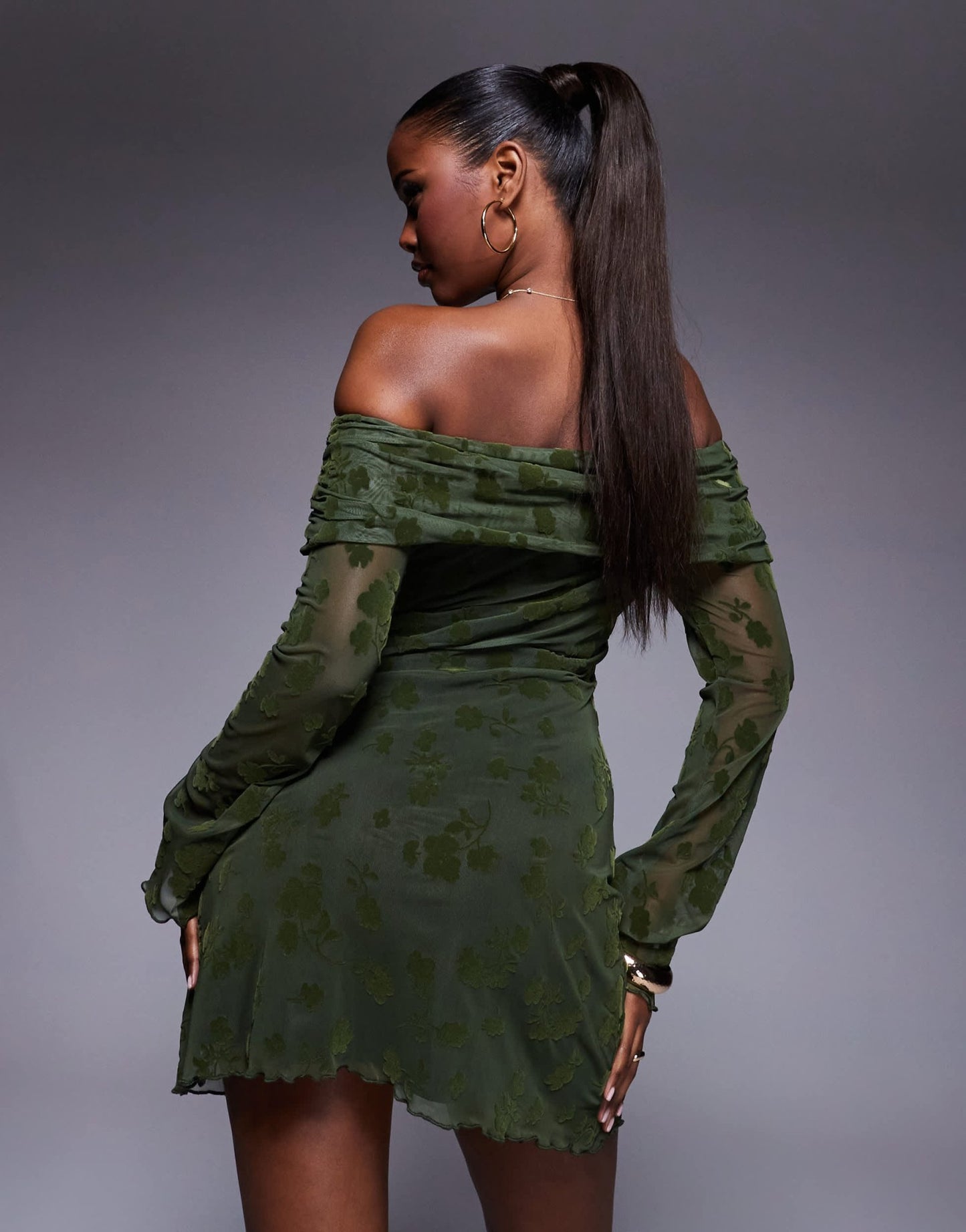 ASOS DESIGN flocked floral fold over bardot mini dress with flute sleeve in olive - ASOS Sample Sale