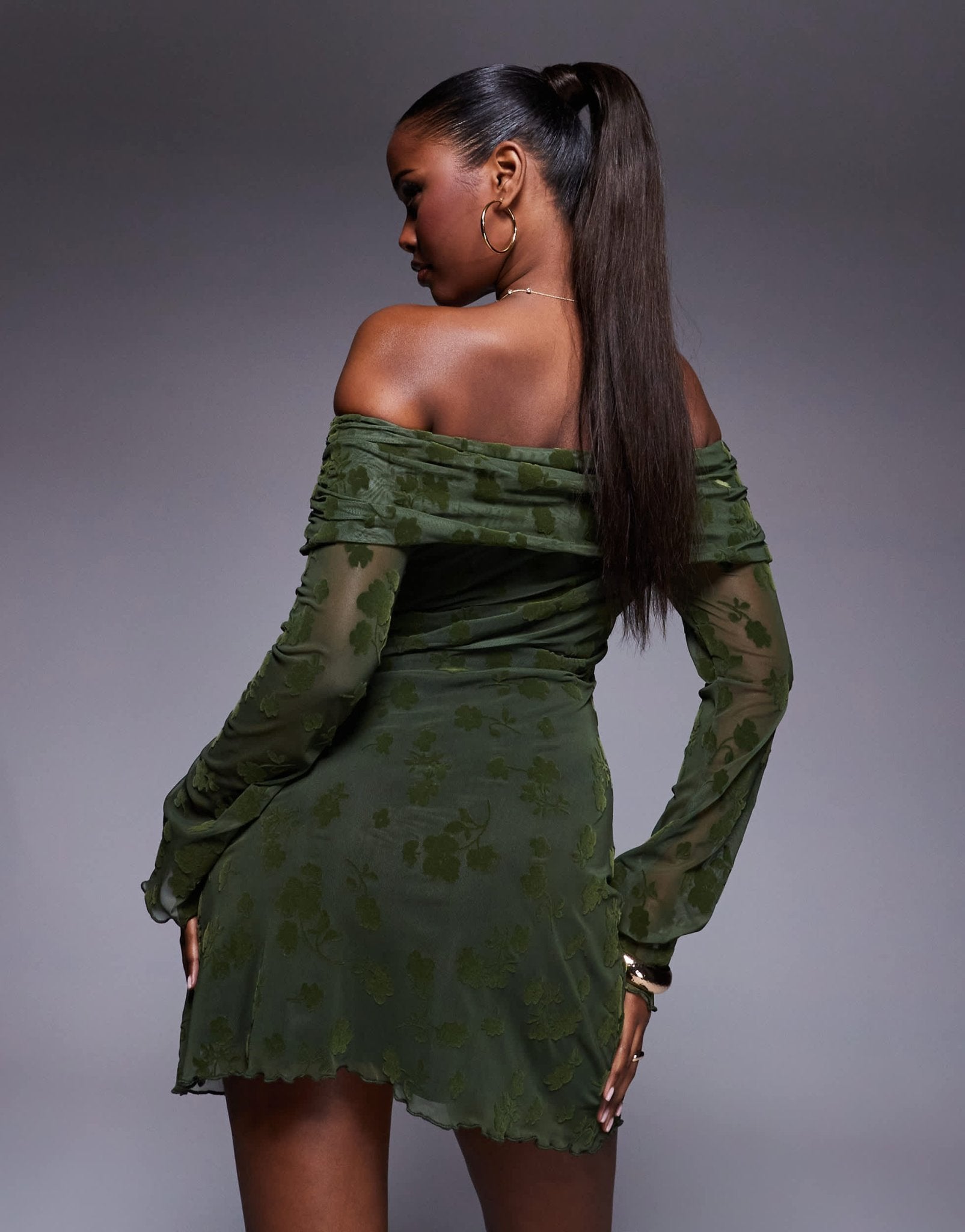 ASOS DESIGN flocked floral fold over bardot mini dress with flute sleeve in olive - ASOS Sample Sale