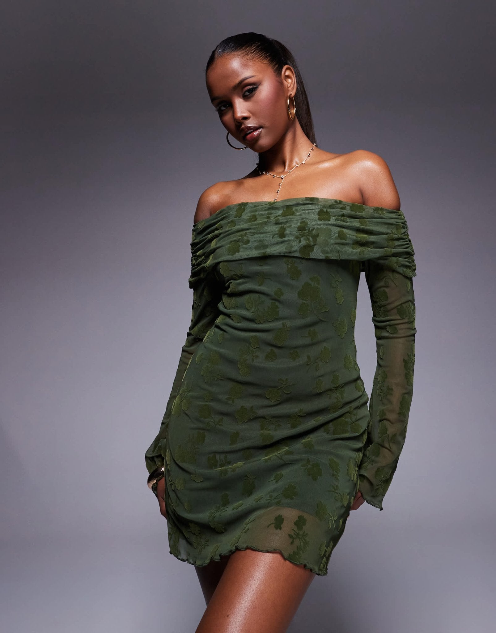 ASOS DESIGN flocked floral fold over bardot mini dress with flute sleeve in olive - ASOS Sample Sale