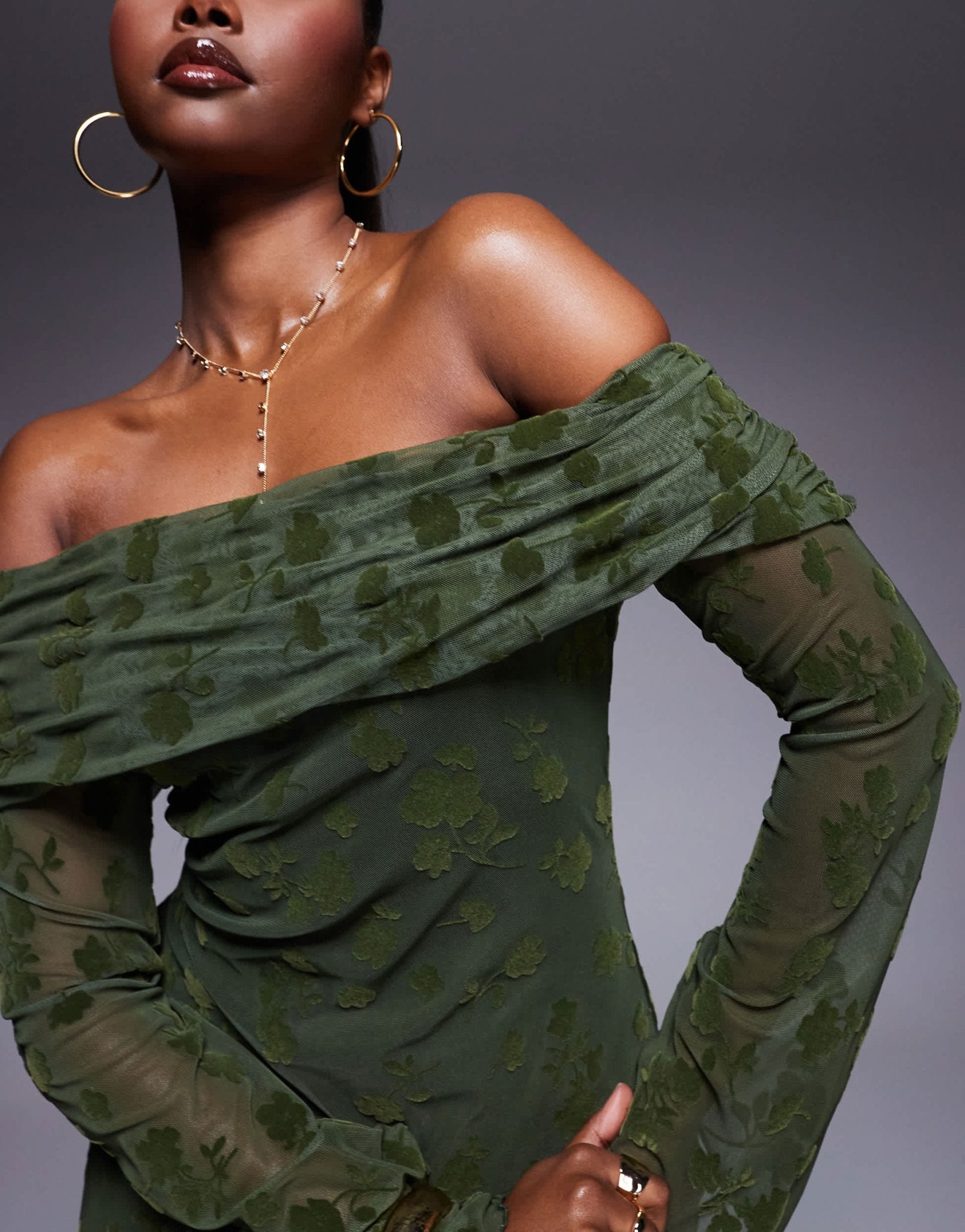ASOS DESIGN flocked floral fold over bardot mini dress with flute sleeve in olive - ASOS Sample Sale