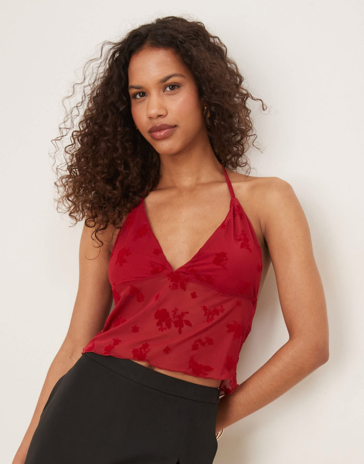 ASOS DESIGN flocked mesh plunge frill halter top in burgundy - BURGUNDY - ASOS Sample Sale