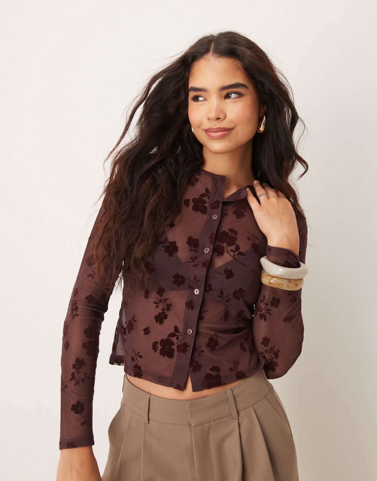ASOS DESIGN flocked shrunken mesh cardigan in brown - ASOS Sample Sale