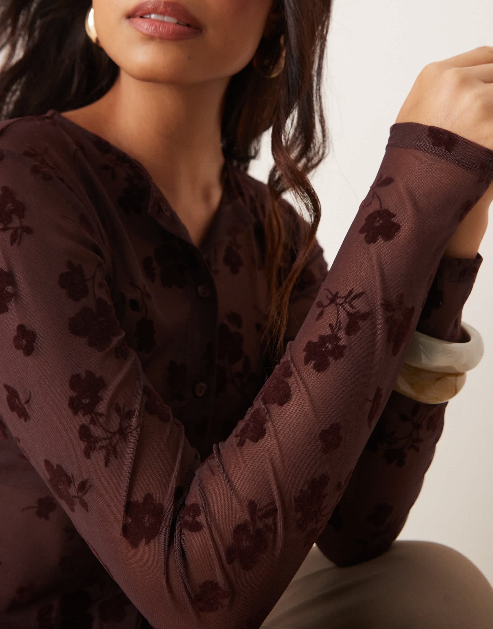 ASOS DESIGN flocked shrunken mesh cardigan in brown - ASOS Sample Sale