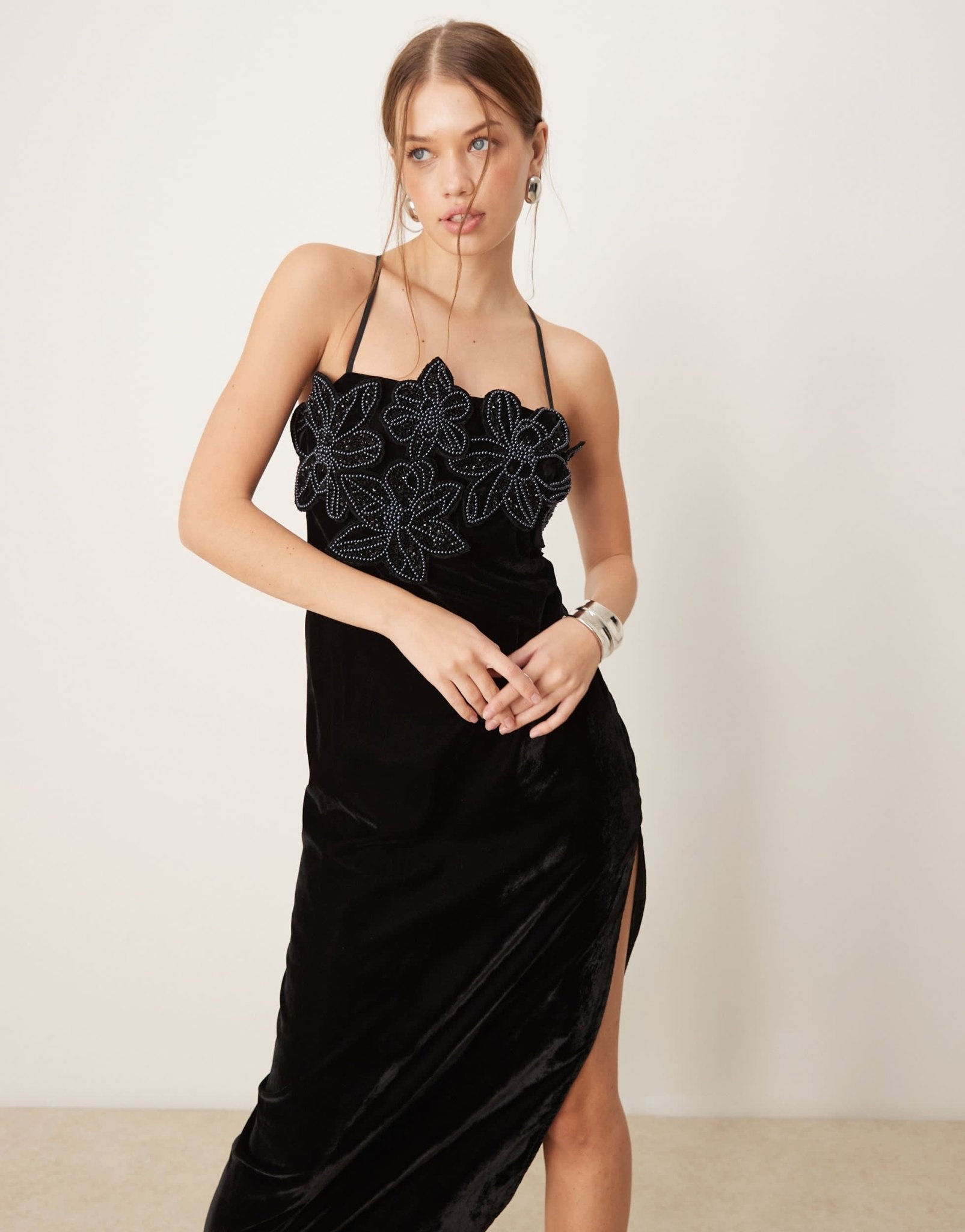 ASOS DESIGN floral beaded applique velvet column midi dress in black - ASOS Sample Sale