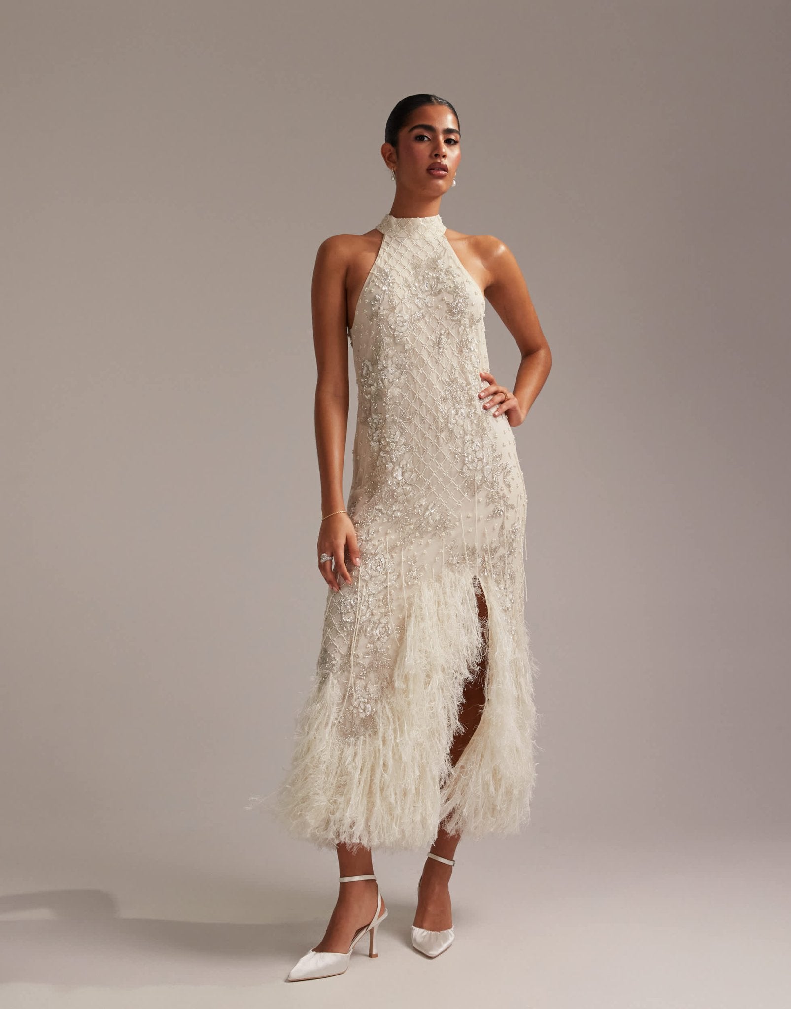 ASOS DESIGN floral embellished halter maxi wedding dress with fringe hem - ASOS Sample Sale