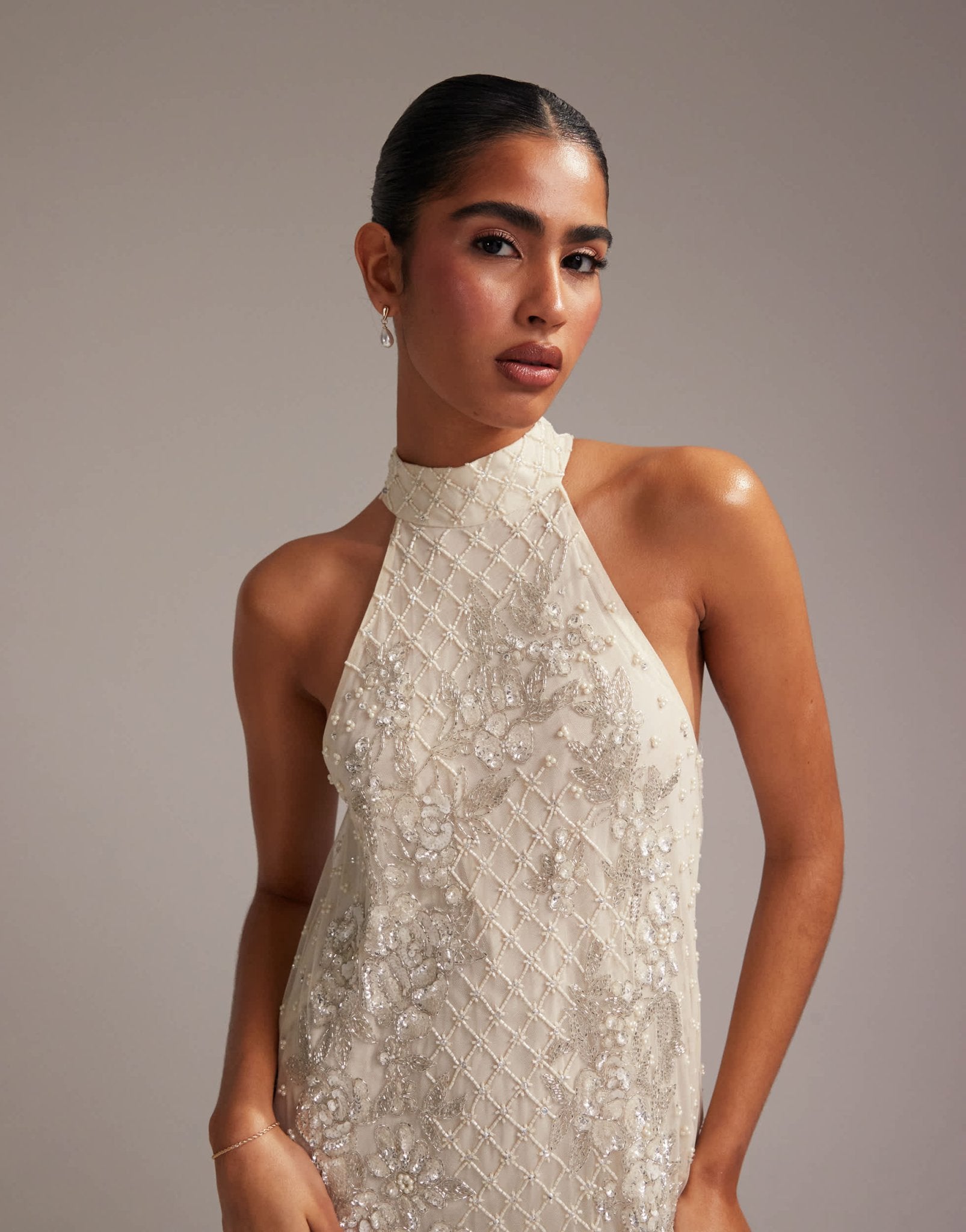 ASOS DESIGN floral embellished halter maxi wedding dress with fringe hem - ASOS Sample Sale