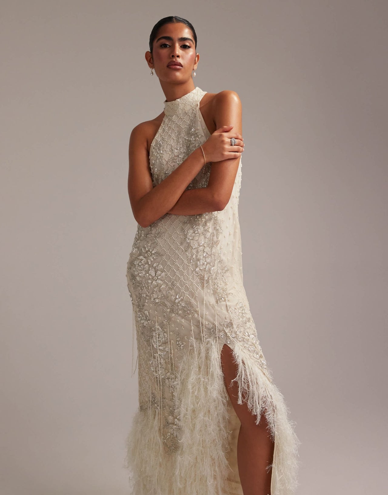 ASOS DESIGN floral embellished halter maxi wedding dress with fringe hem - ASOS Sample Sale