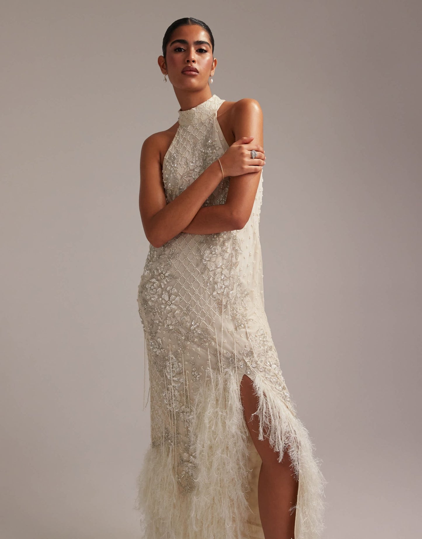 ASOS DESIGN floral embellished halter maxi wedding dress with fringe hem - ASOS Sample Sale