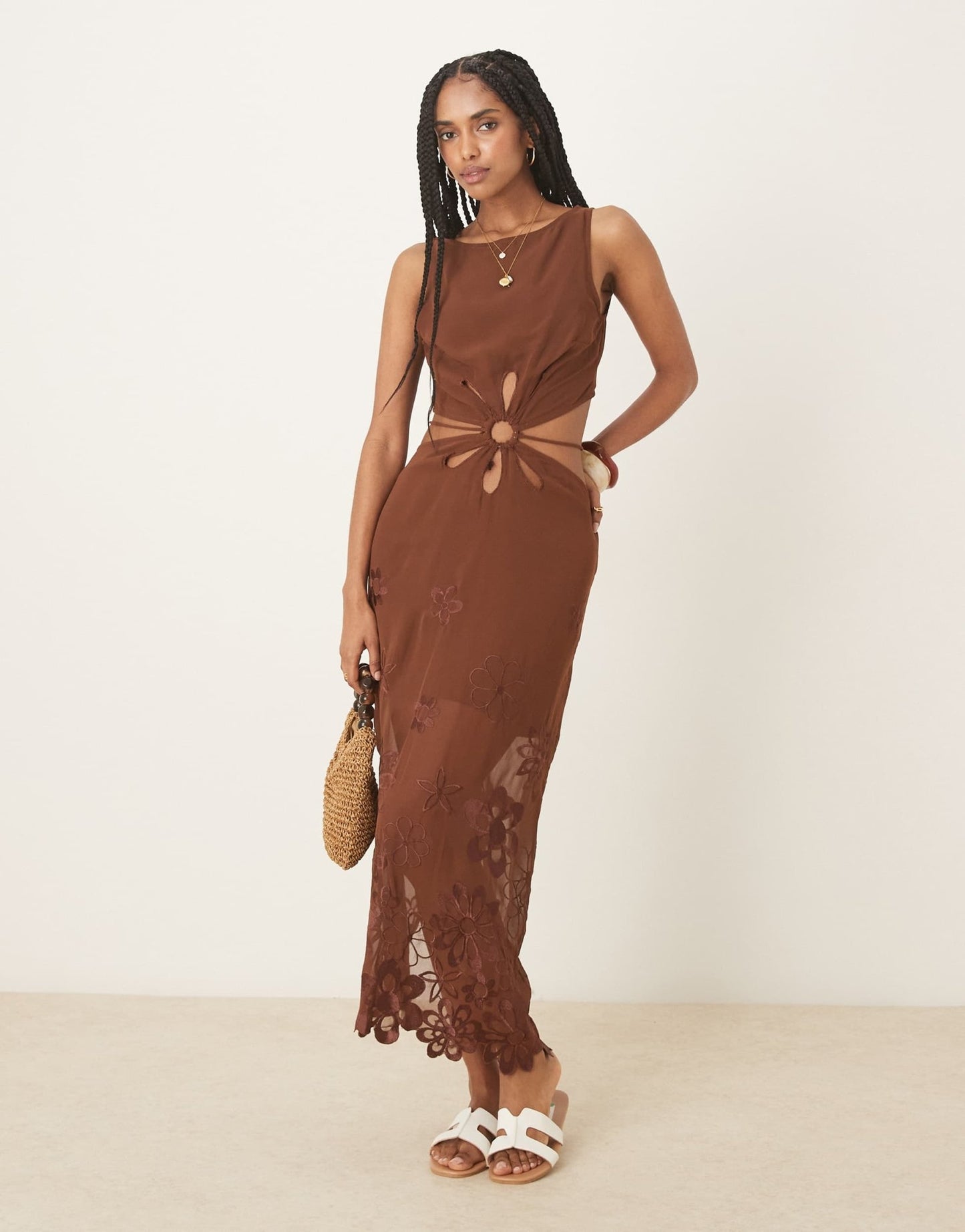 ASOS DESIGN floral embroidered cut out maxi dress in chocolate – ASOS Sample Sale