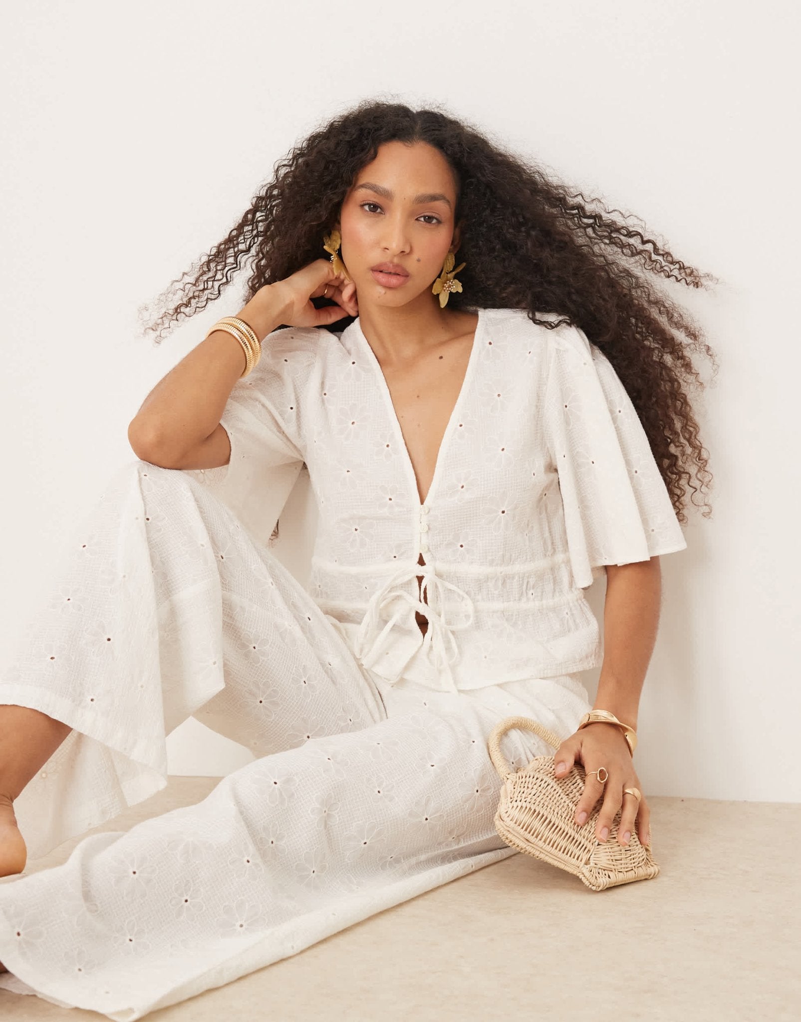 ASOS DESIGN floral embroidery tie front top co-ord in off white - ASOS Sample Sale