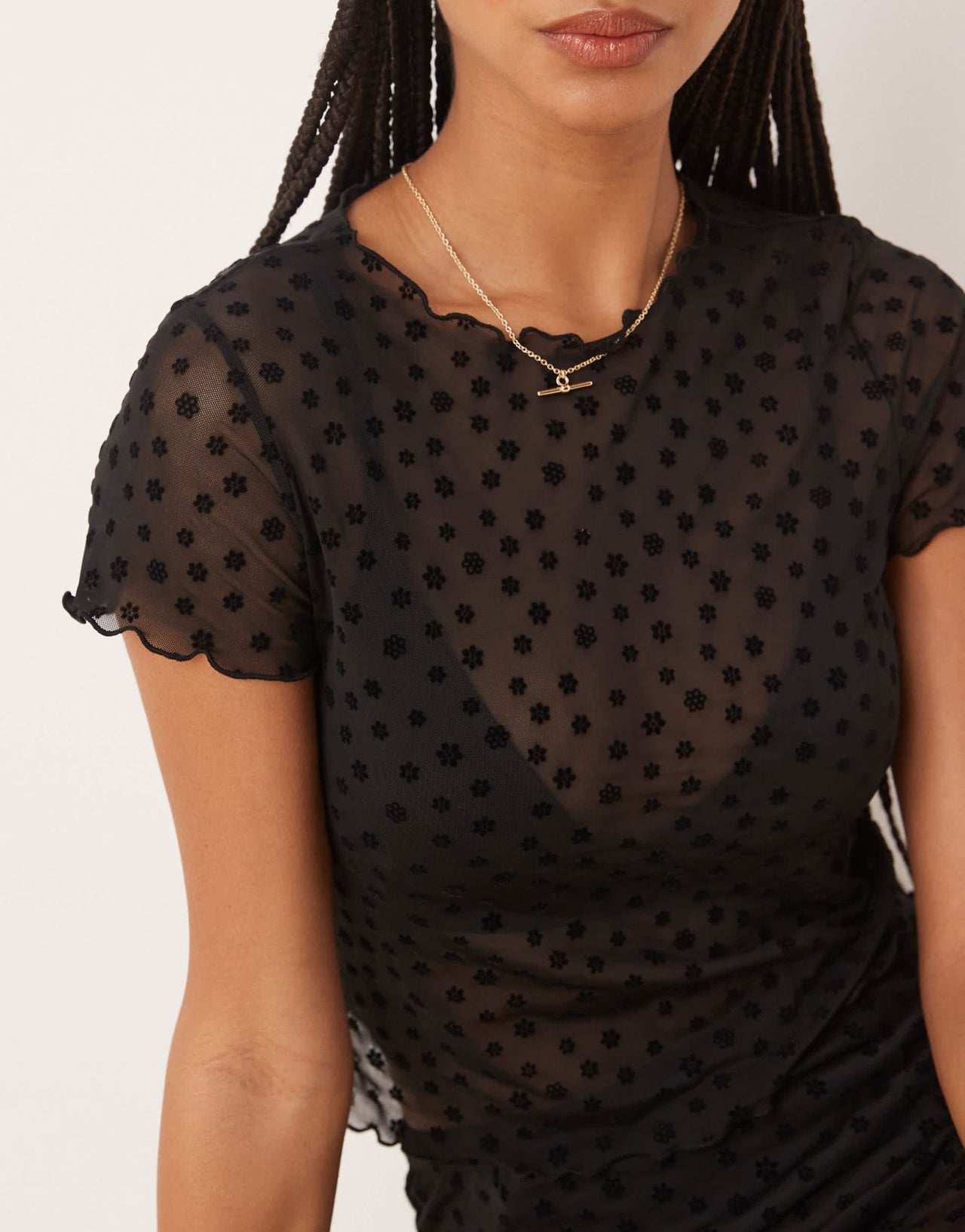 ASOS DESIGN floral flocked mesh crop top in black - ASOS Sample Sale