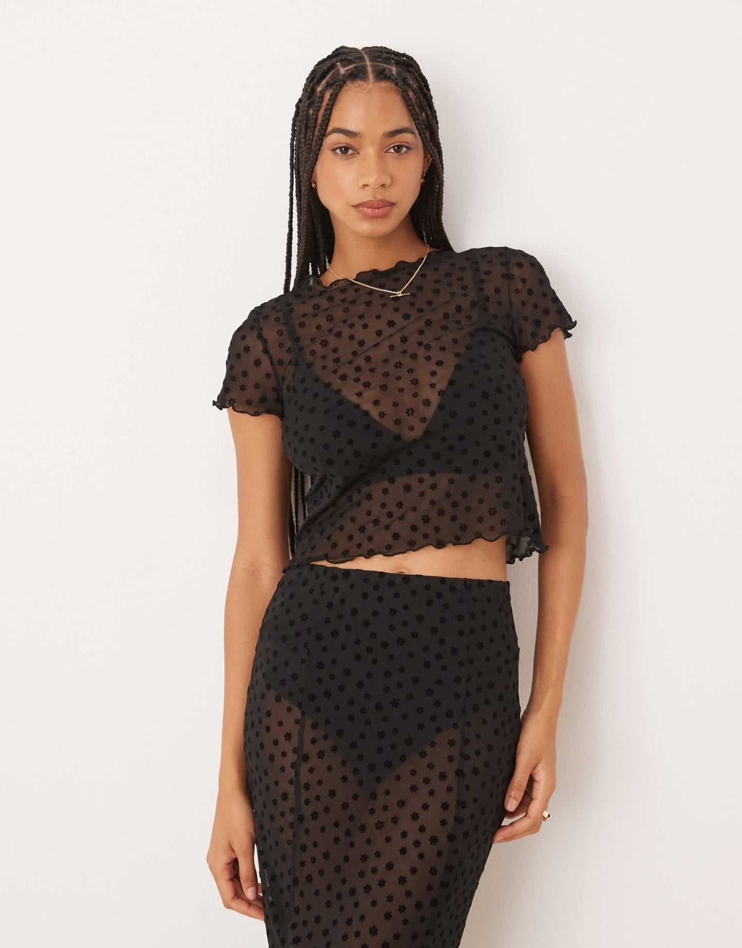 ASOS DESIGN floral flocked mesh crop top in black - ASOS Sample Sale