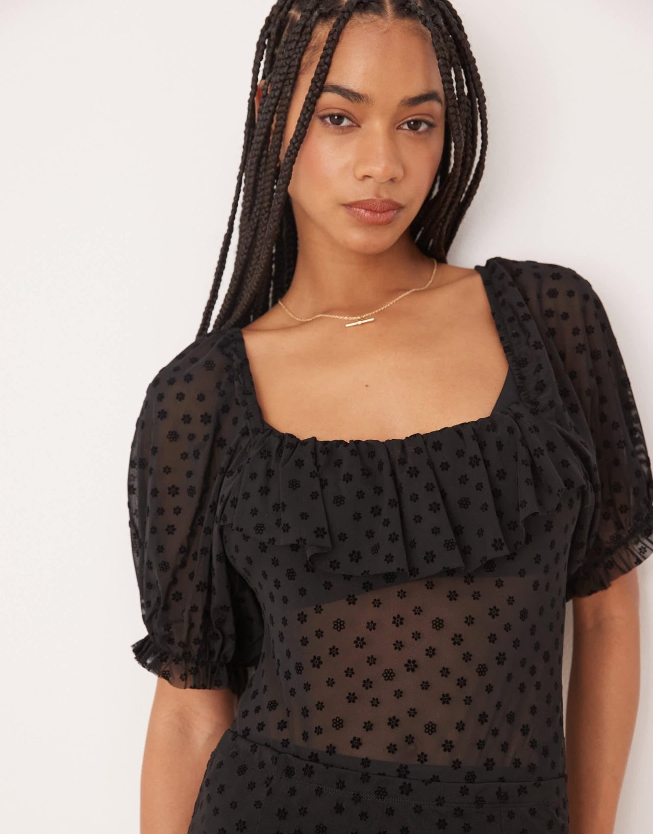 ASOS DESIGN floral flocked mesh short sleeve bodysuit with ruffle detail in black - ASOS Sample Sale