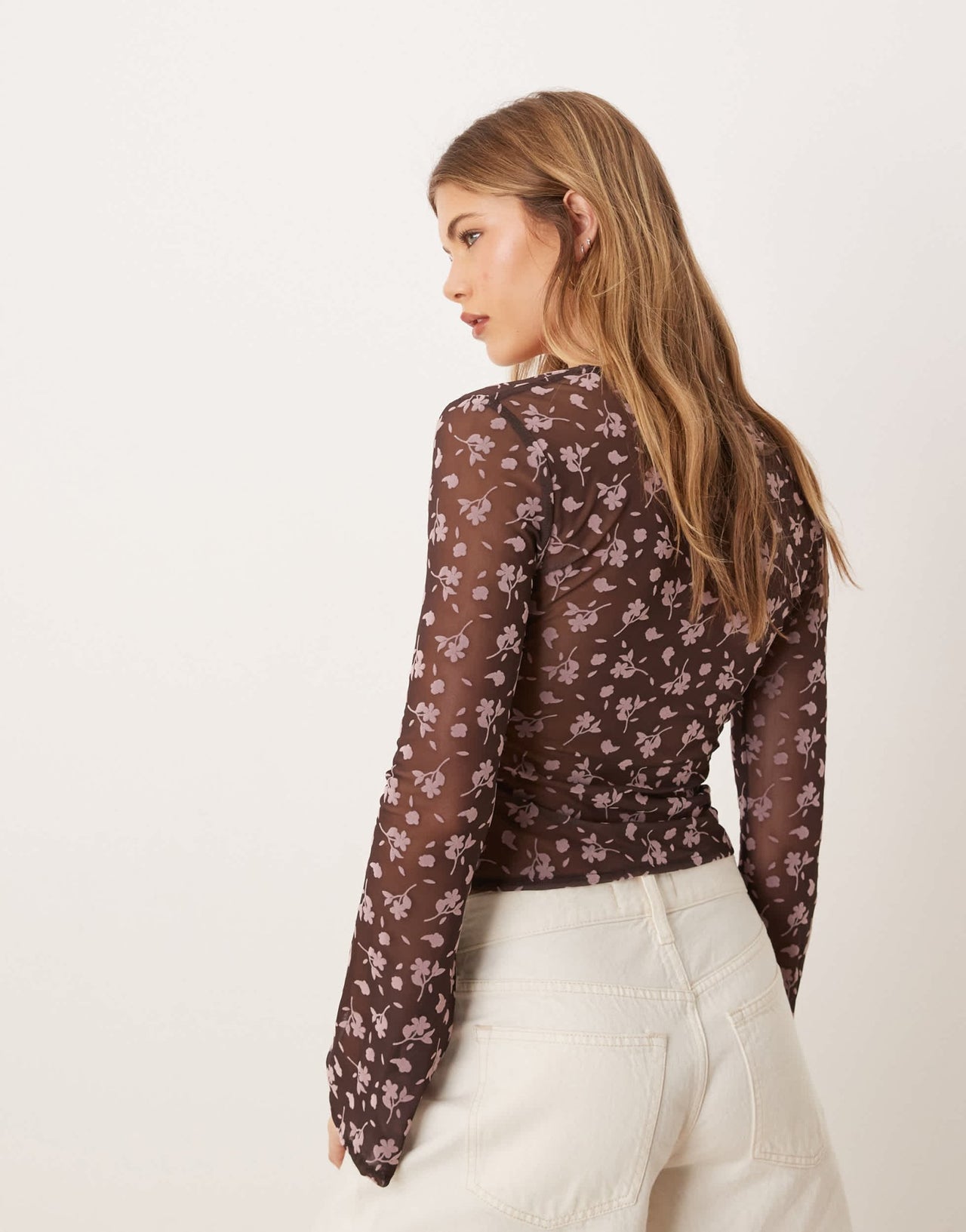 ASOS DESIGN floral flocked sheer tie front top in brown - ASOS Sample Sale