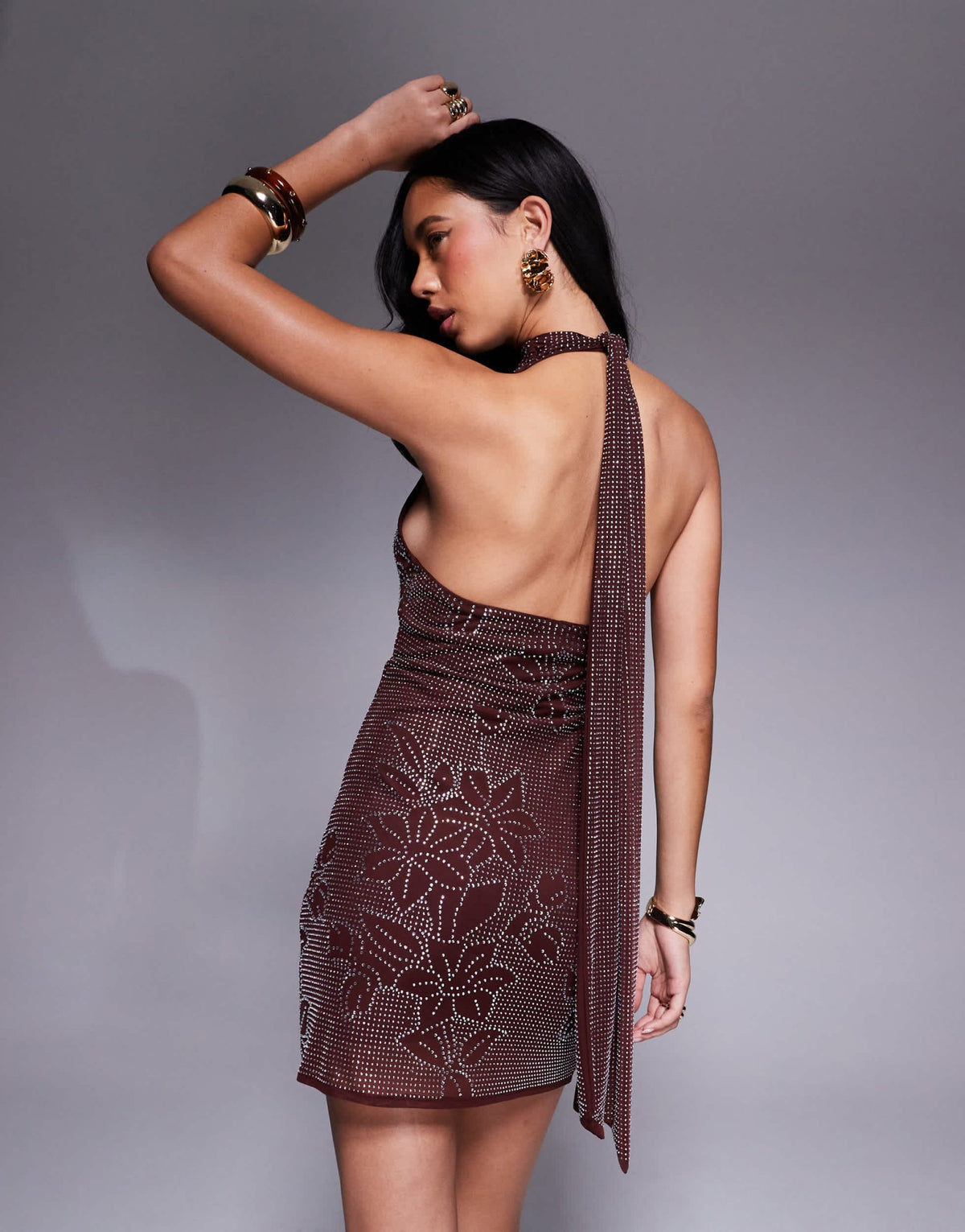 ASOS DESIGN floral hotfix sequin sleeveless high neck mini dress in chocolate - ASOS Sample Sale
