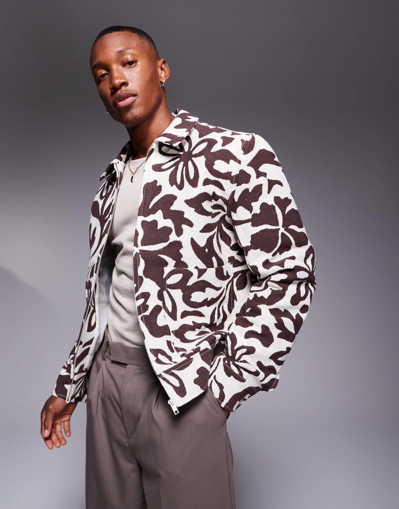 ASOS DESIGN floral jacquard harrington jacket in brown - ASOS Sample Sale