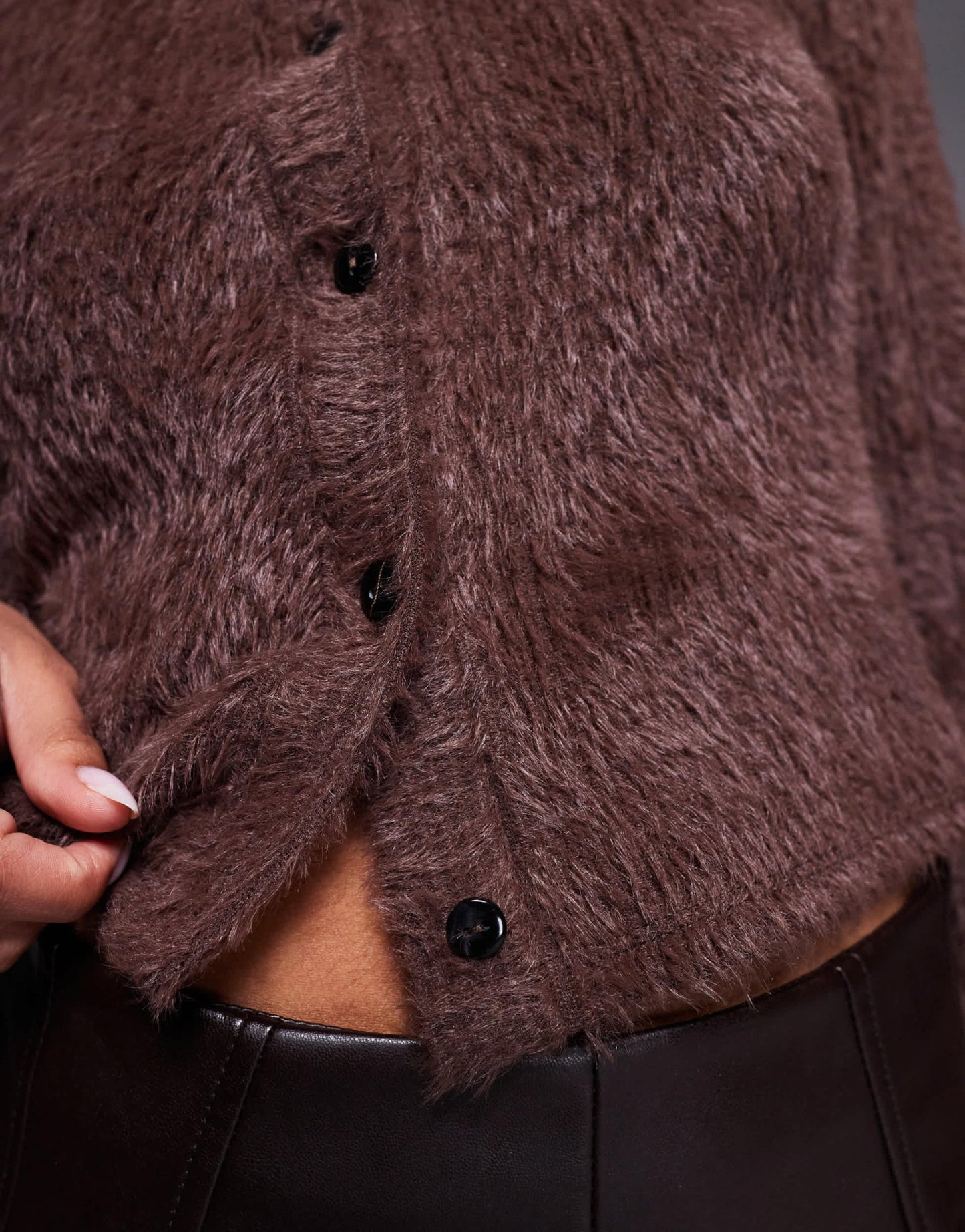 ASOS DESIGN fluffy button through long sleeve cardigan in chocolate - ASOS Sample Sale