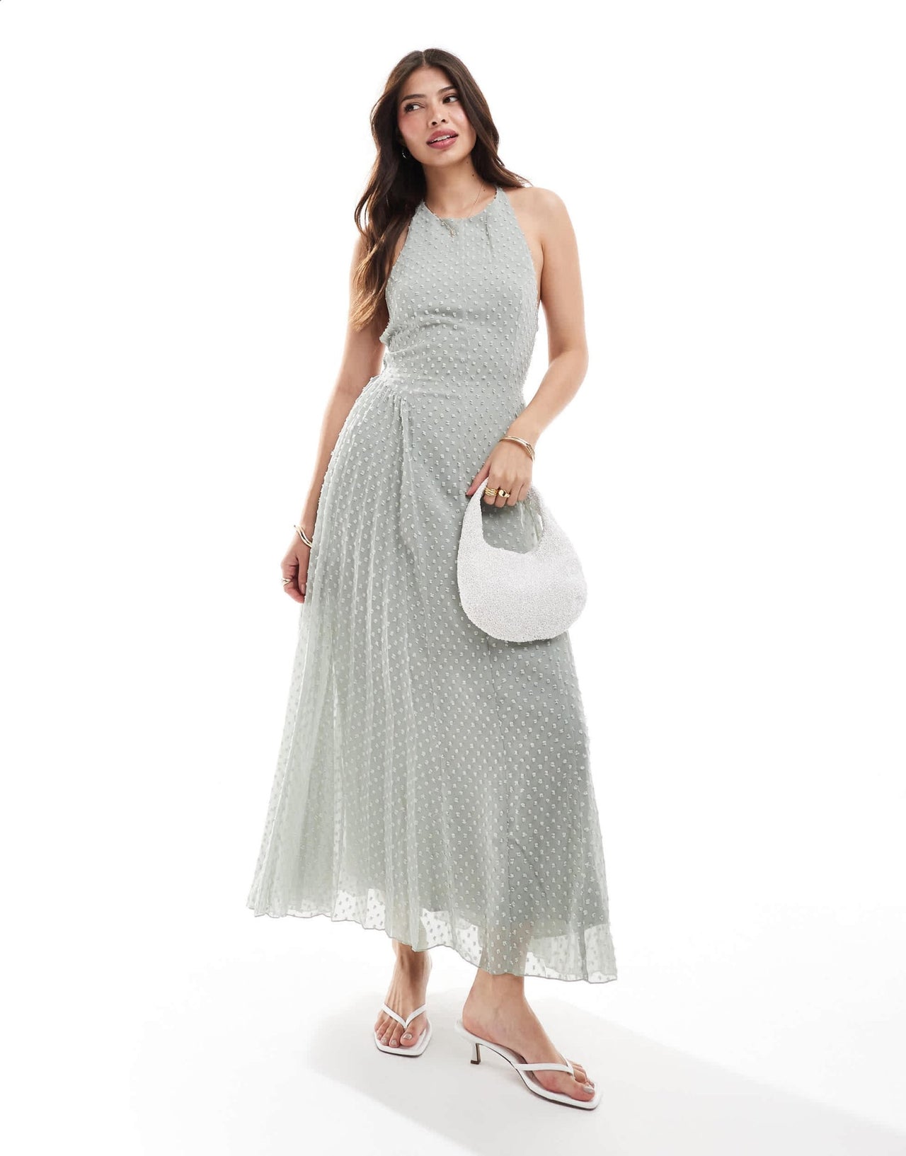 ASOS DESIGN fluffy dobby racer neck pleat panel midi dress in dusky grey - ASOS Sample Sale