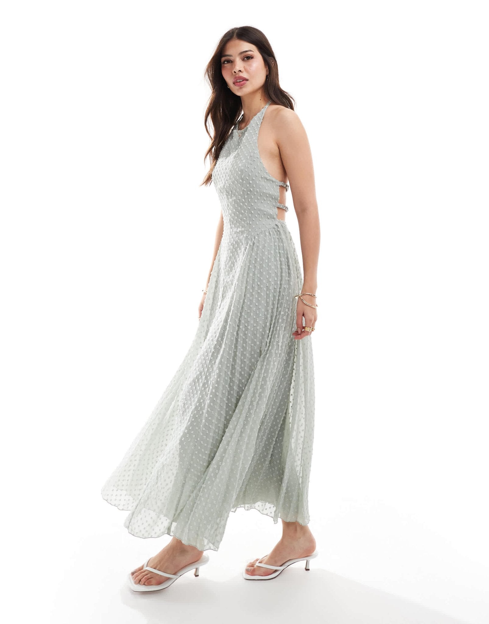 ASOS DESIGN fluffy dobby racer neck pleat panel midi dress in dusky grey - ASOS Sample Sale