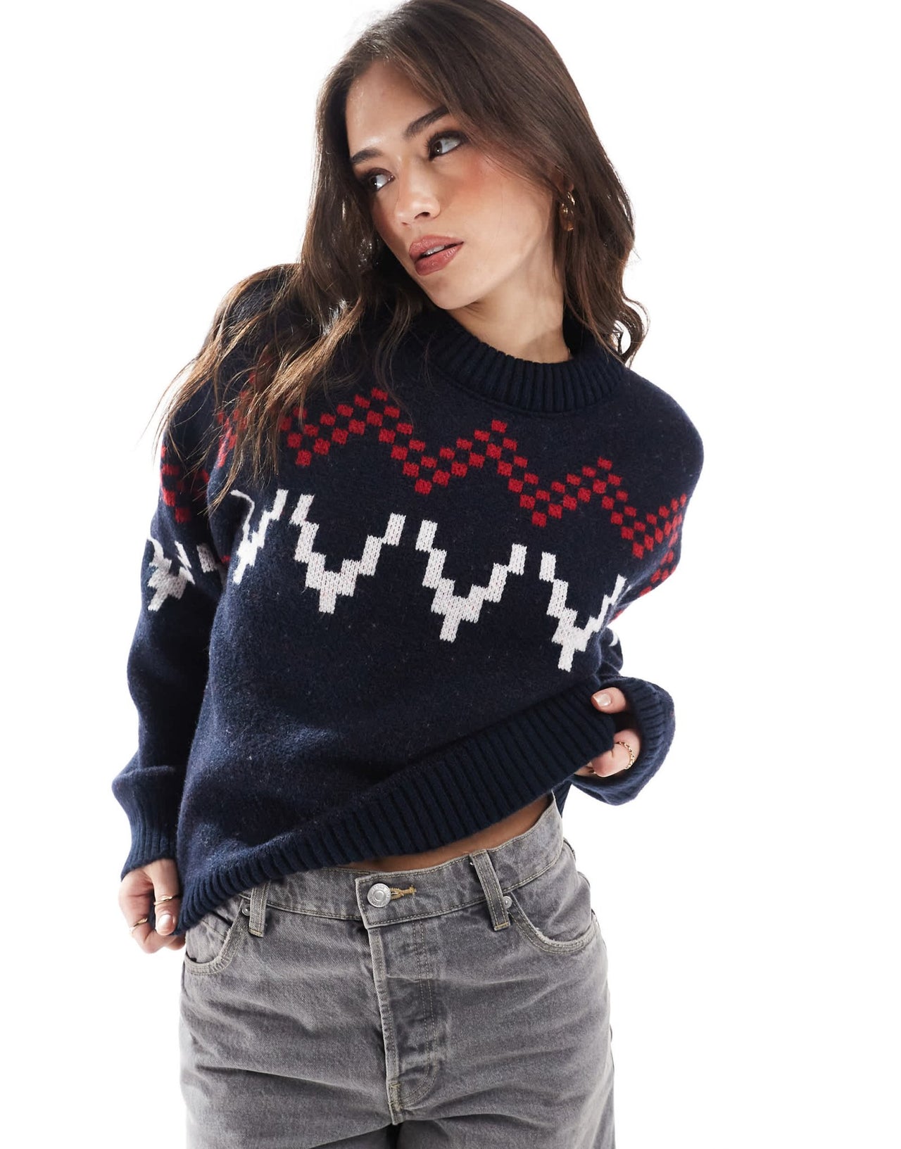 ASOS DESIGN fluffy knitted fair isle jumper in navy - ASOS Sample Sale